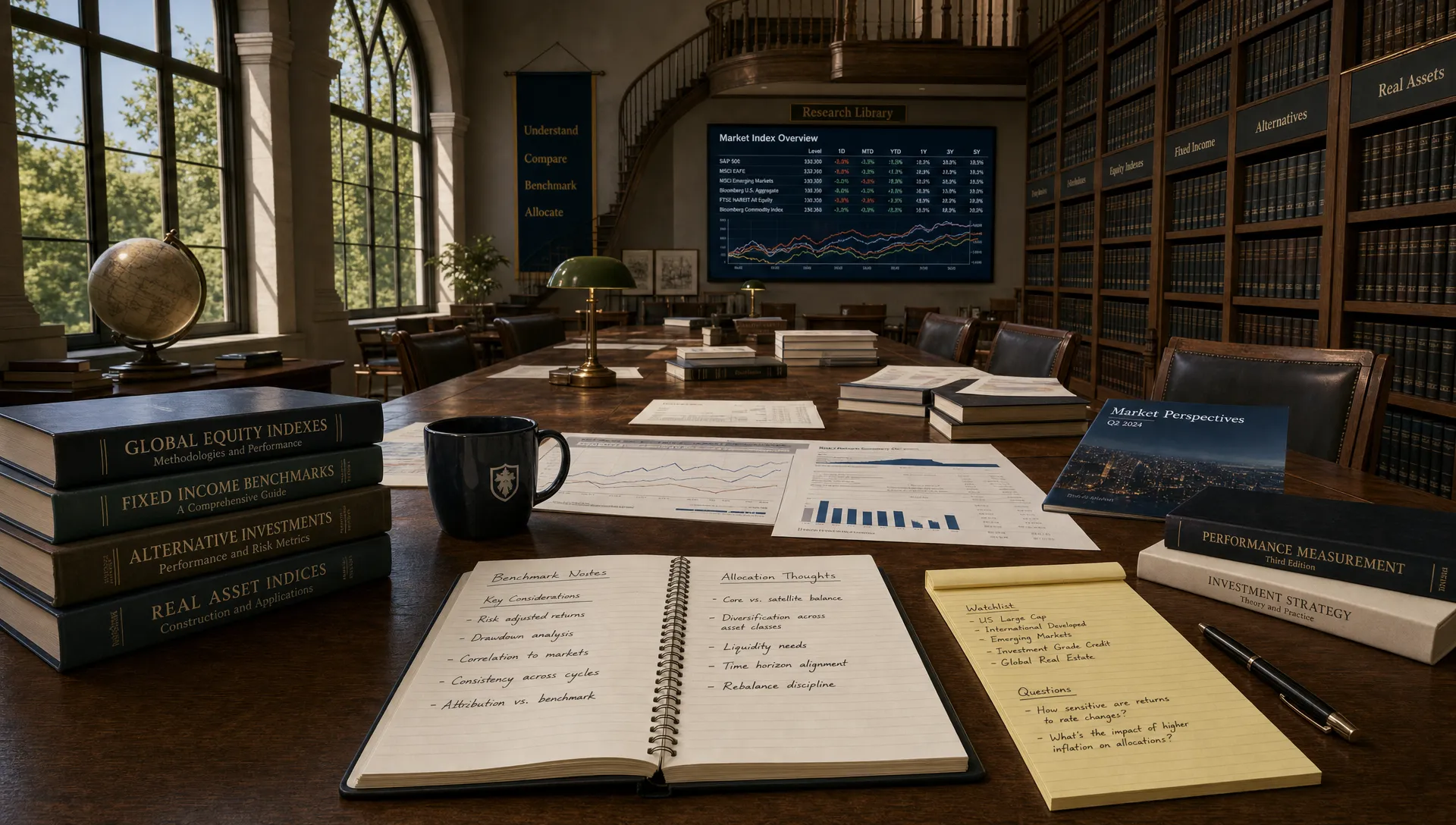 A research library table holds market reports and allocation notes for comparing a portfolio to a benchmark.