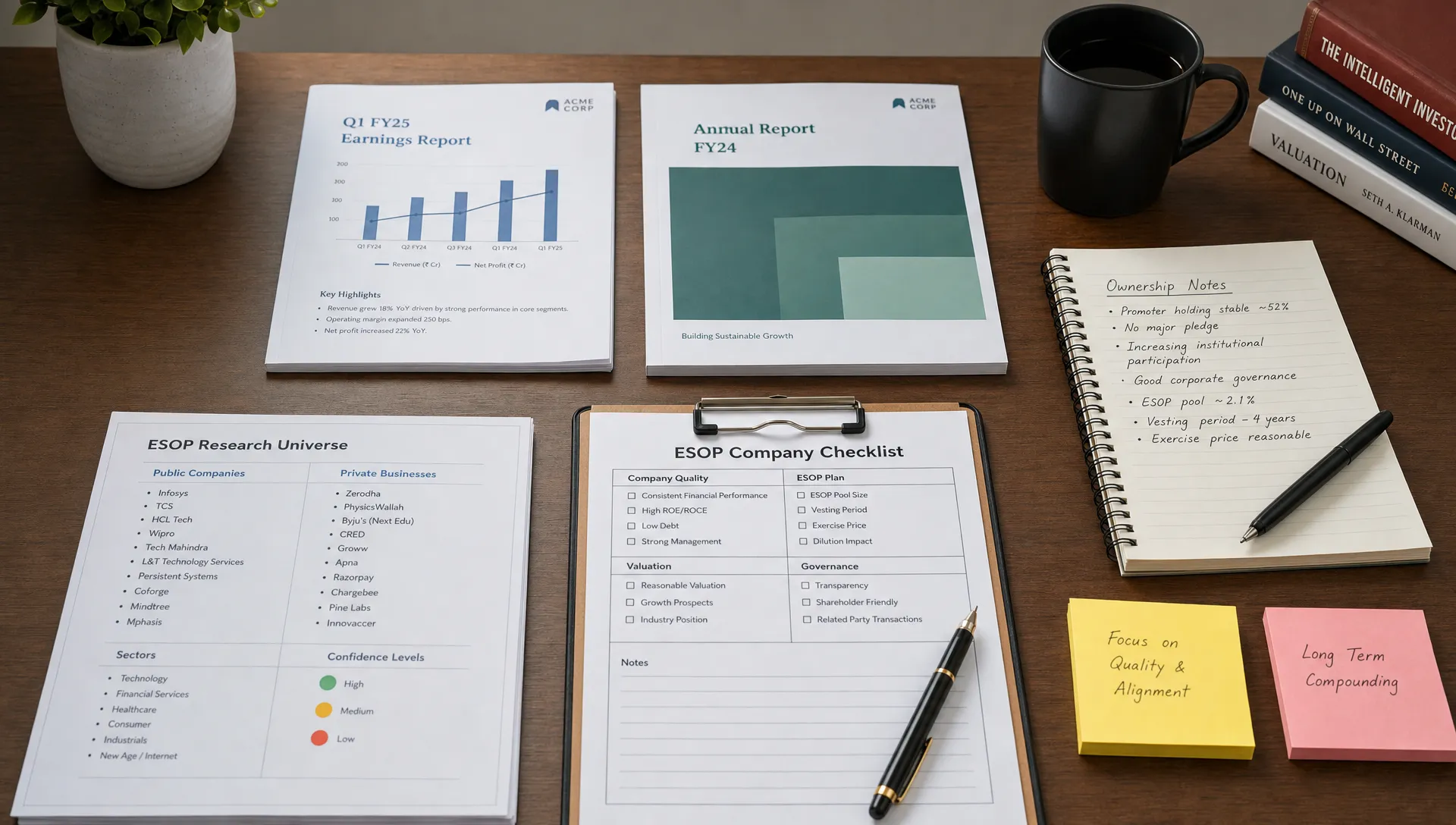 A clean research desk with printed company reports, ownership notes, and an ESOP company checklist sorted into public companies, private businesses, sectors, and confidence levels.