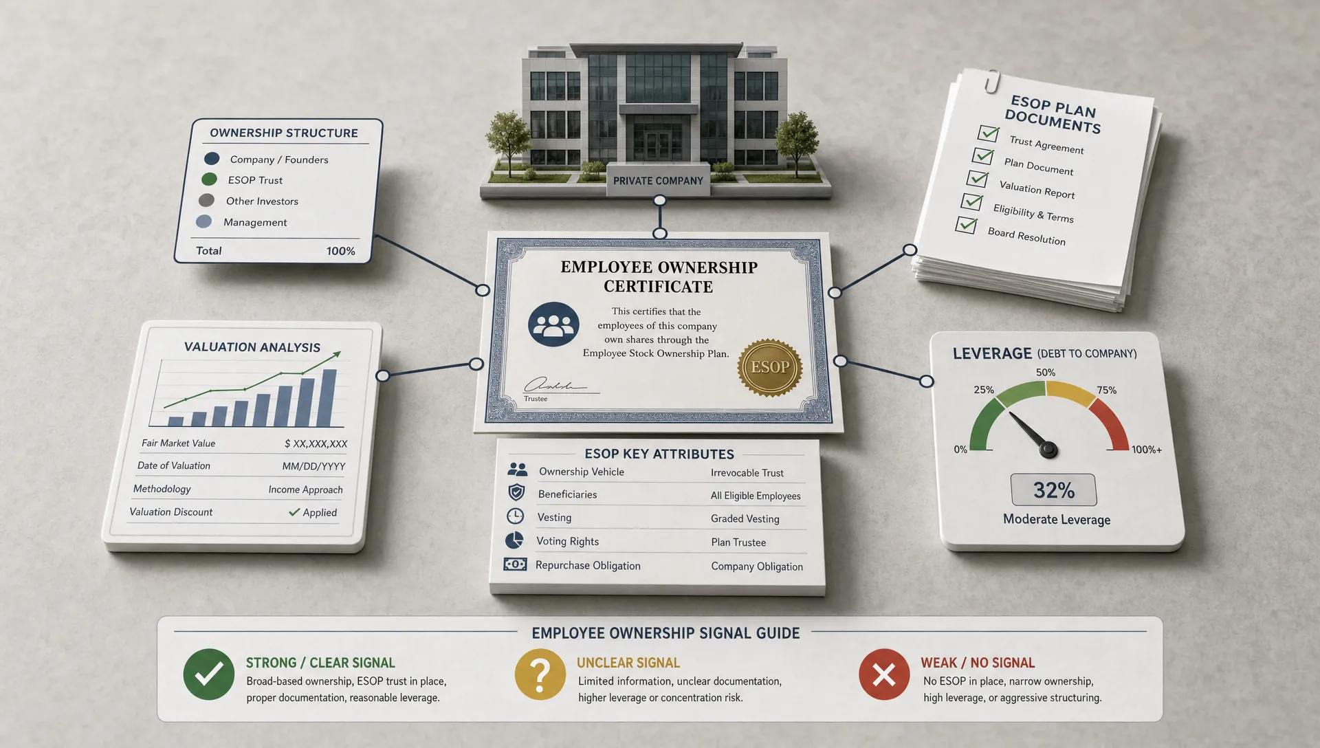 A wide conceptual scene of a private company ownership structure being examined through a clean ESOP lens, with a central employee ownership certificate connected to a company building icon, a small set of filing pages, and a valuation and leverage gauge arranged as an analytical map on a neutral surface. No people are present; the composition should feel like a research tool for separating public, private, and unclear employee ownership signals, with the ownership structure as the hero element rather than a desk or dashboard.