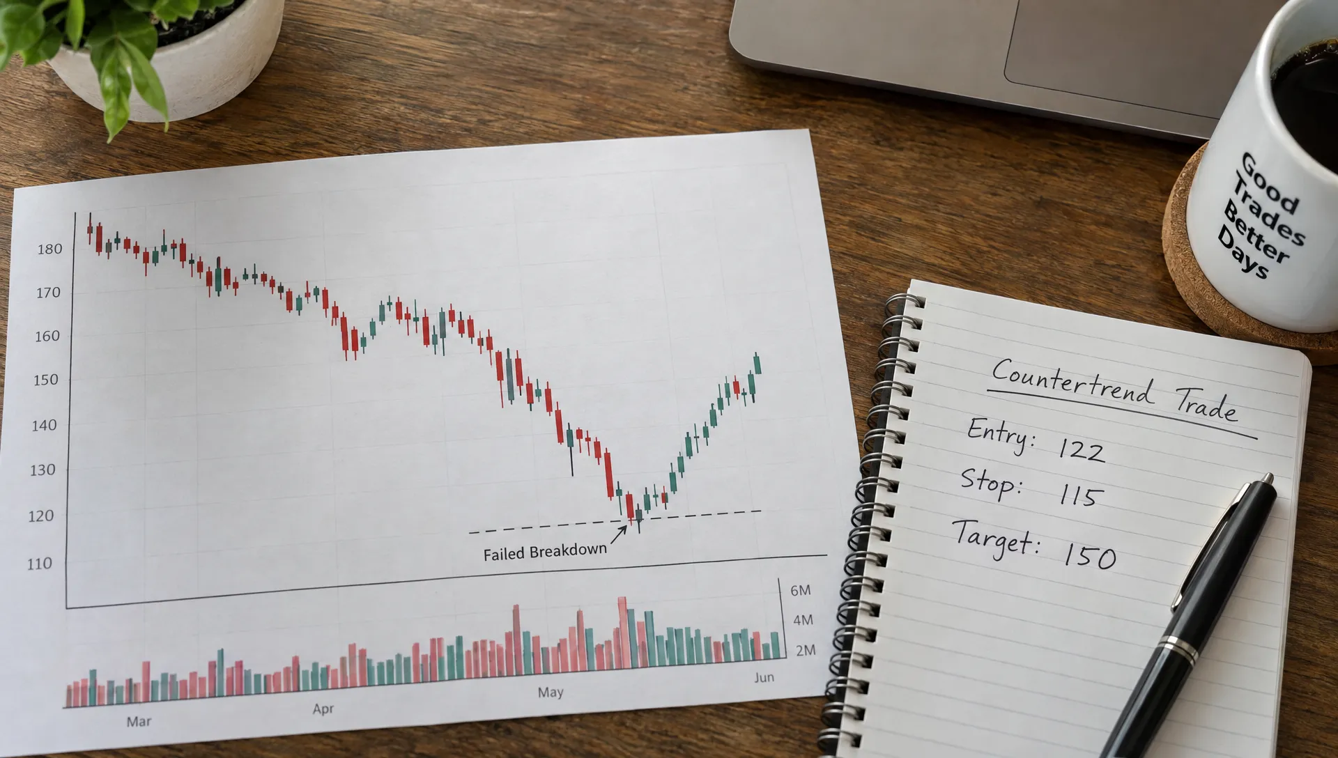 A printed price chart traces a decline, failed breakdown and rebound, with a notebook beside it listing the countertrend trade's entry, stop and target.
