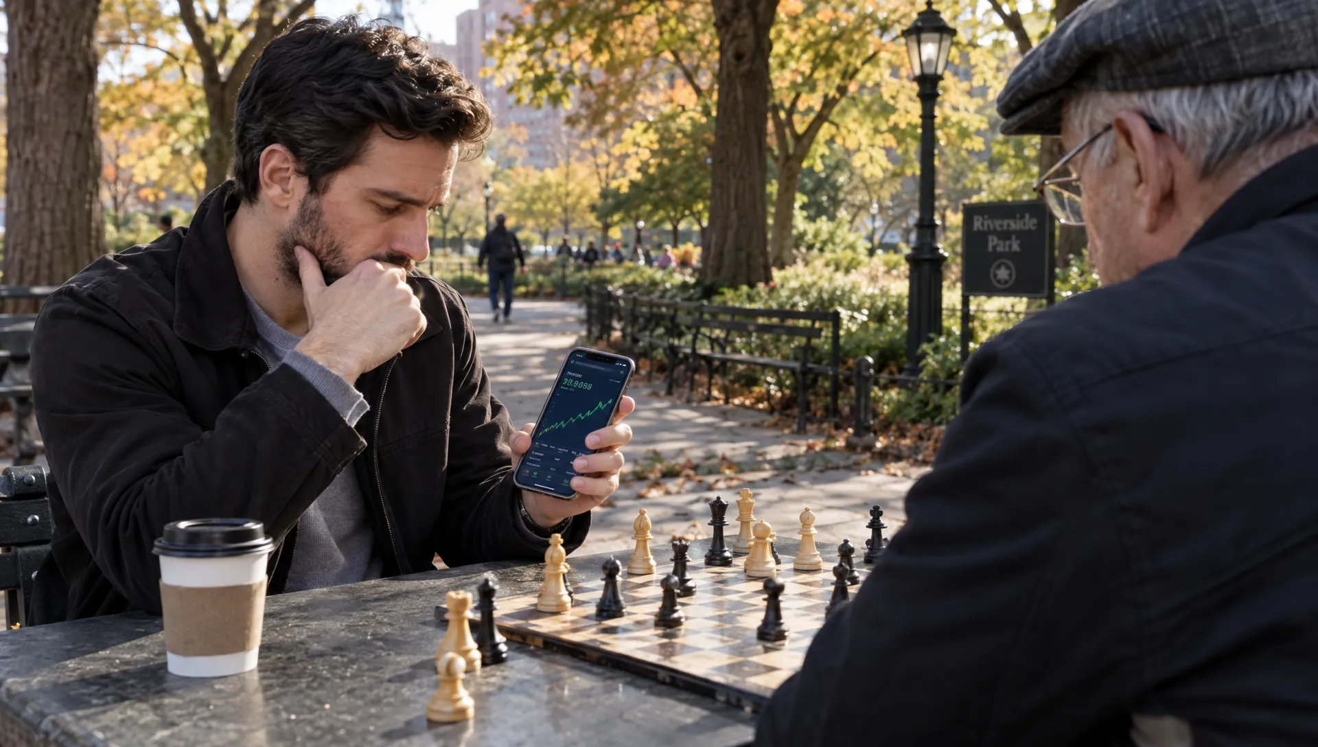 An investor checks a stock chart on a phone during a chess game at a park table.