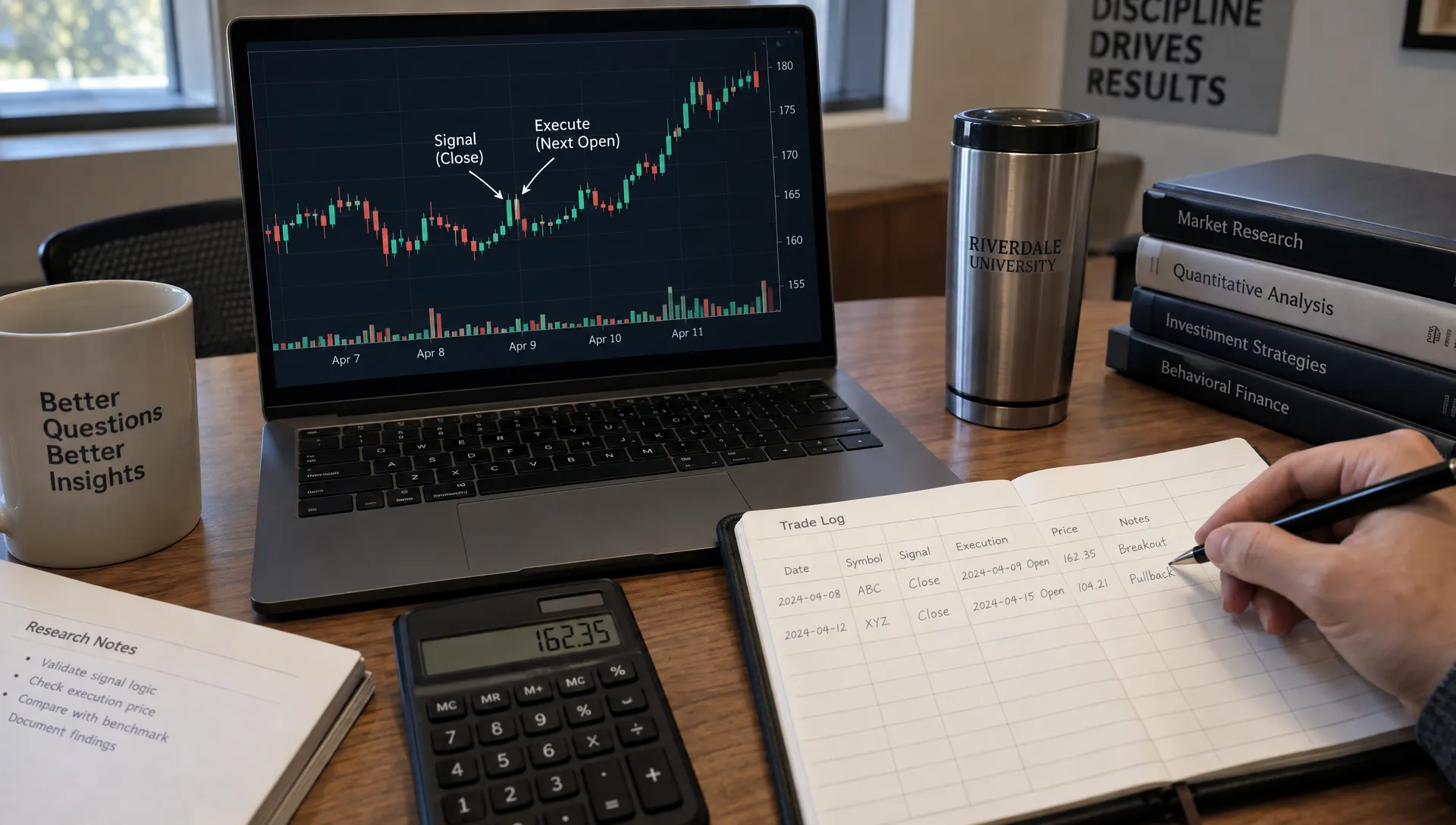 A researcher compares next-session execution marks on a chart with entries in a trade log while auditing a trend algo backtest.