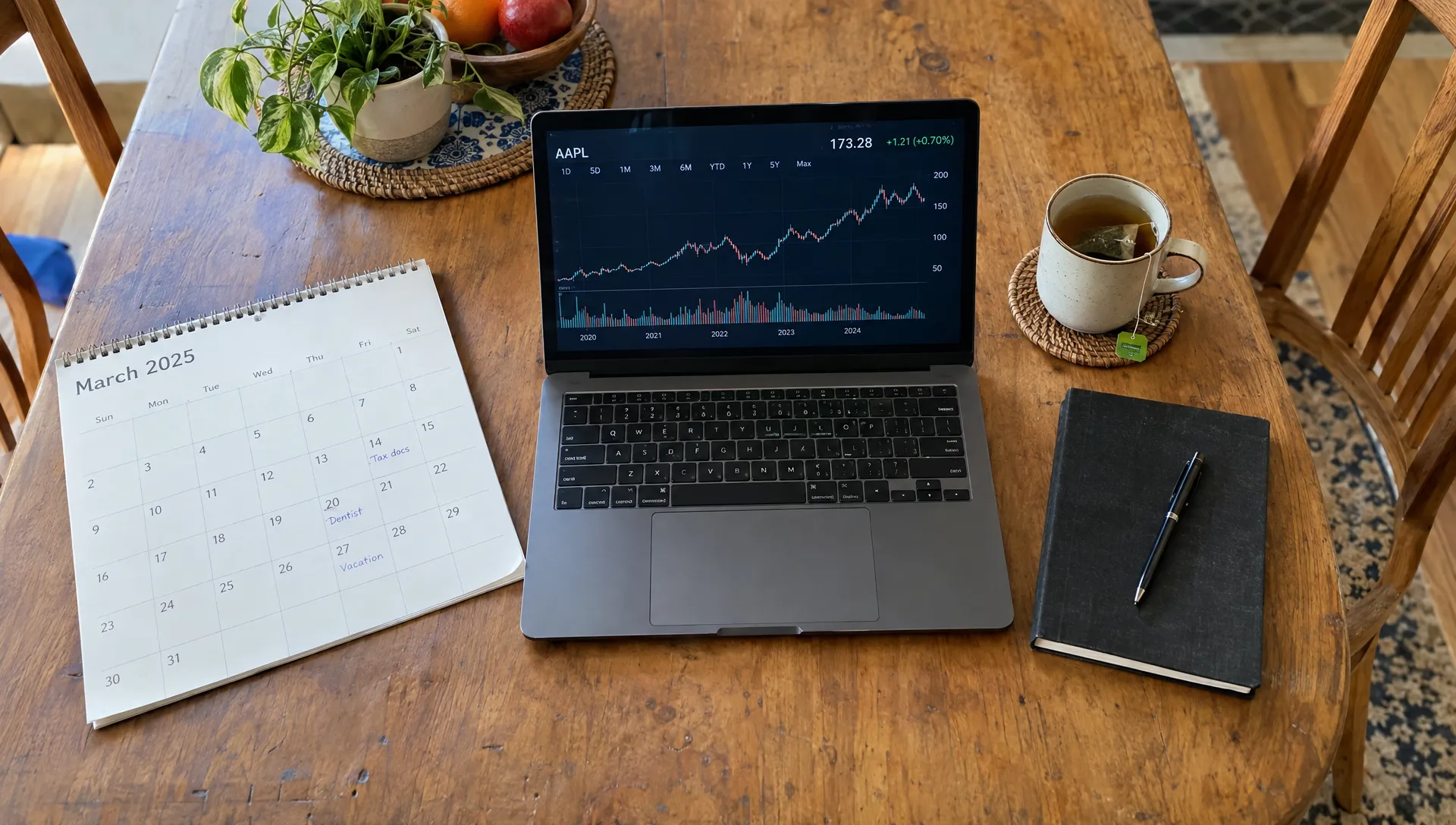 An investor reviews a historical price chart at home, checking how a trend algo would have timed its trades.