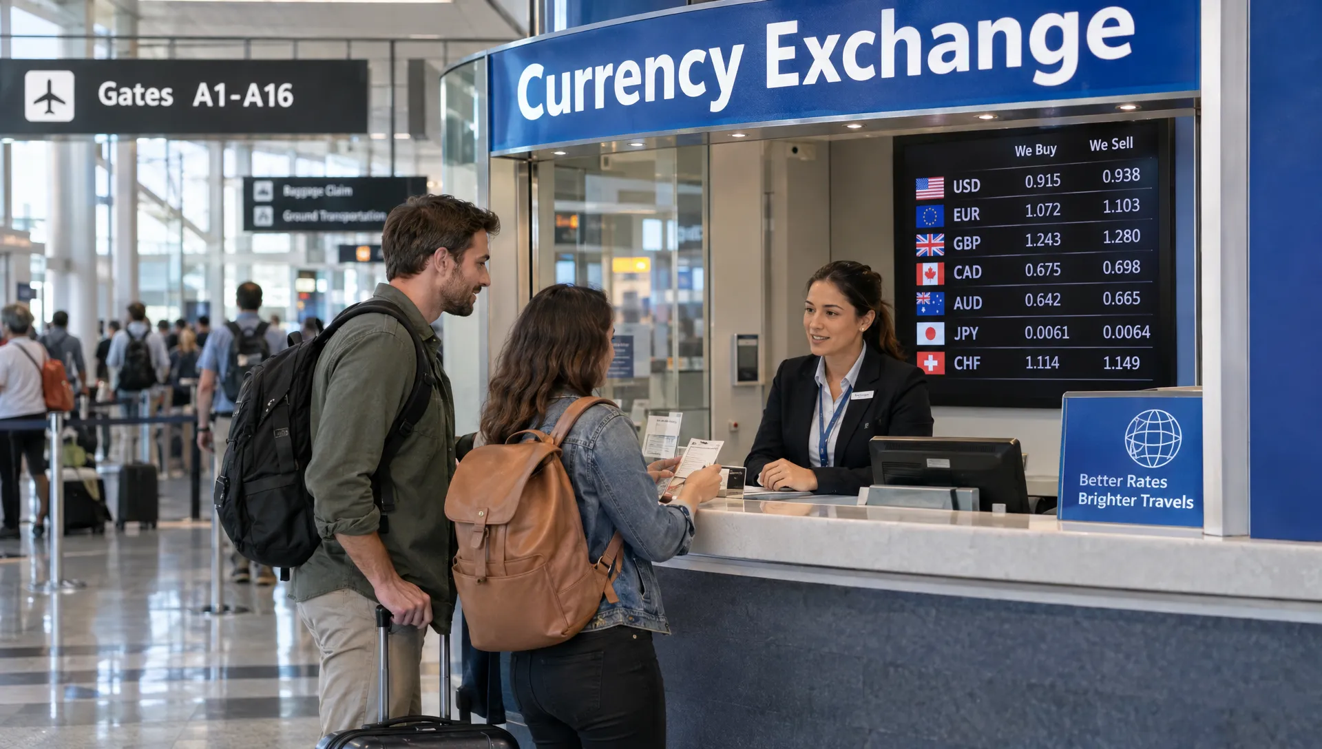 Travelers ask an exchange-counter attendant about converting euros and dollars as currency rates fluctuate.