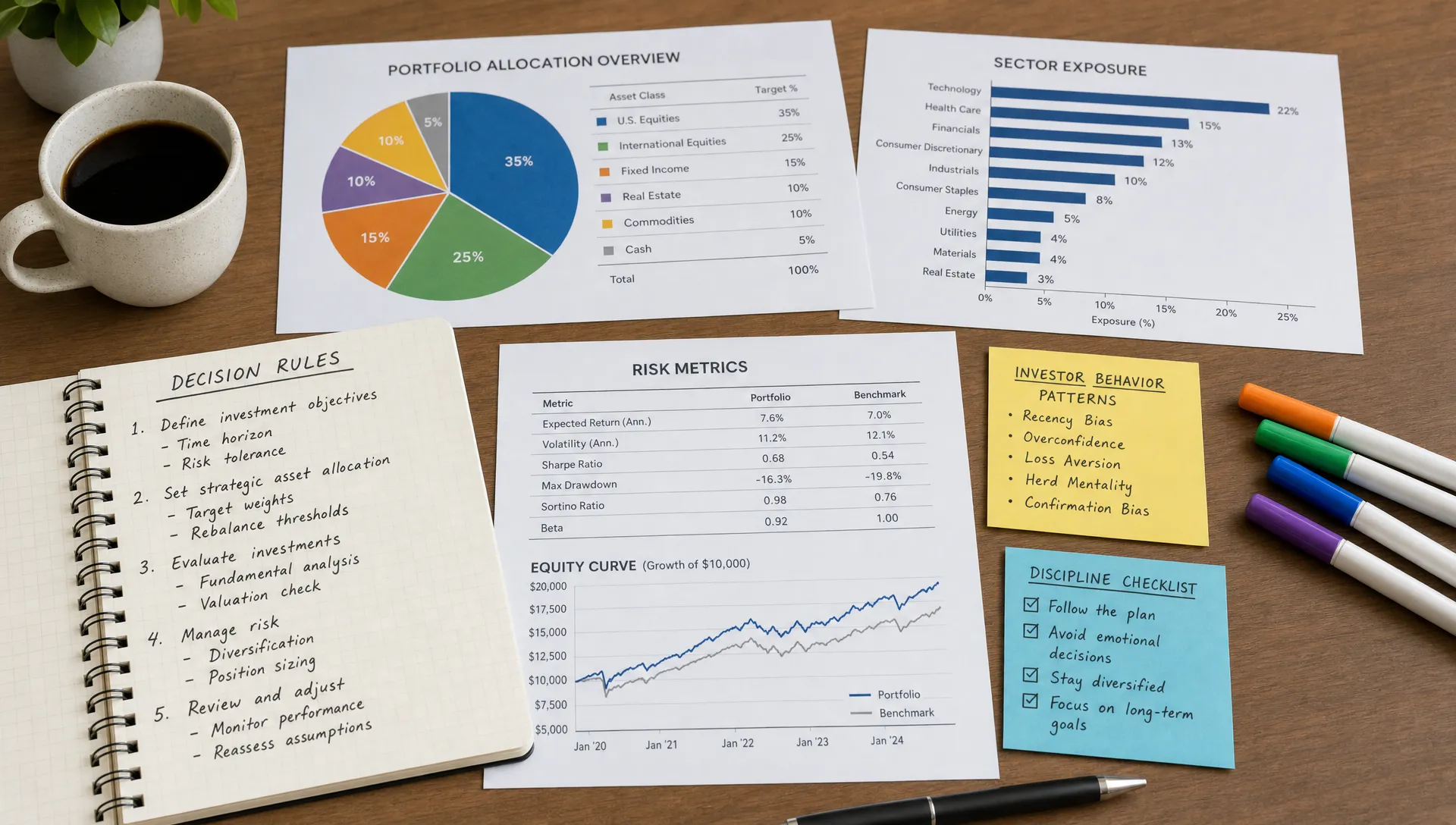 A clean tabletop with printed portfolio allocation charts, a notebook of decision rules, and colored markers placed beside notes on sector exposure, risk metrics, and investor behavior patterns.