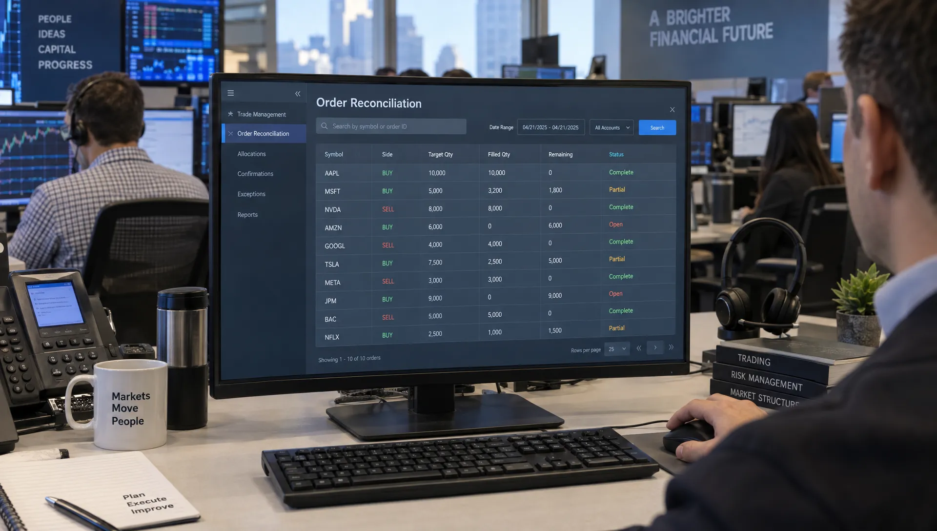 A broker checks target quantities against completed fills on an order-reconciliation screen.