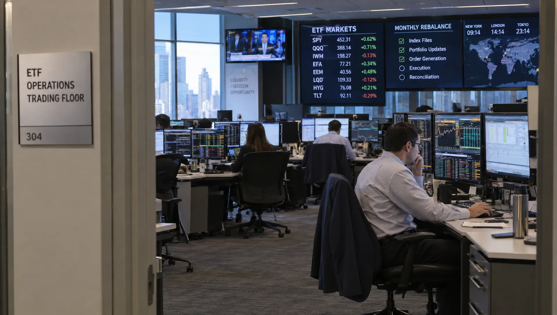 An operator reviews ETF orders in an exchange operations room during a systematic trend following rebalance.