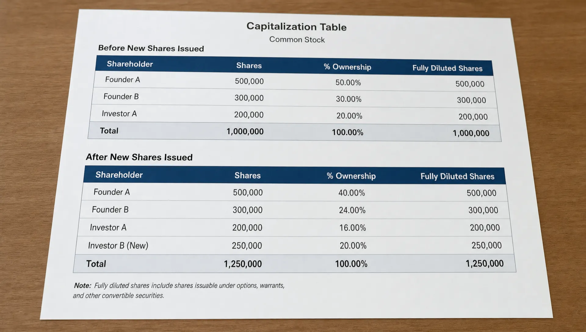 A printed cap table shows share ownership shrinking after new shares are issued, with total shares outstanding rising.