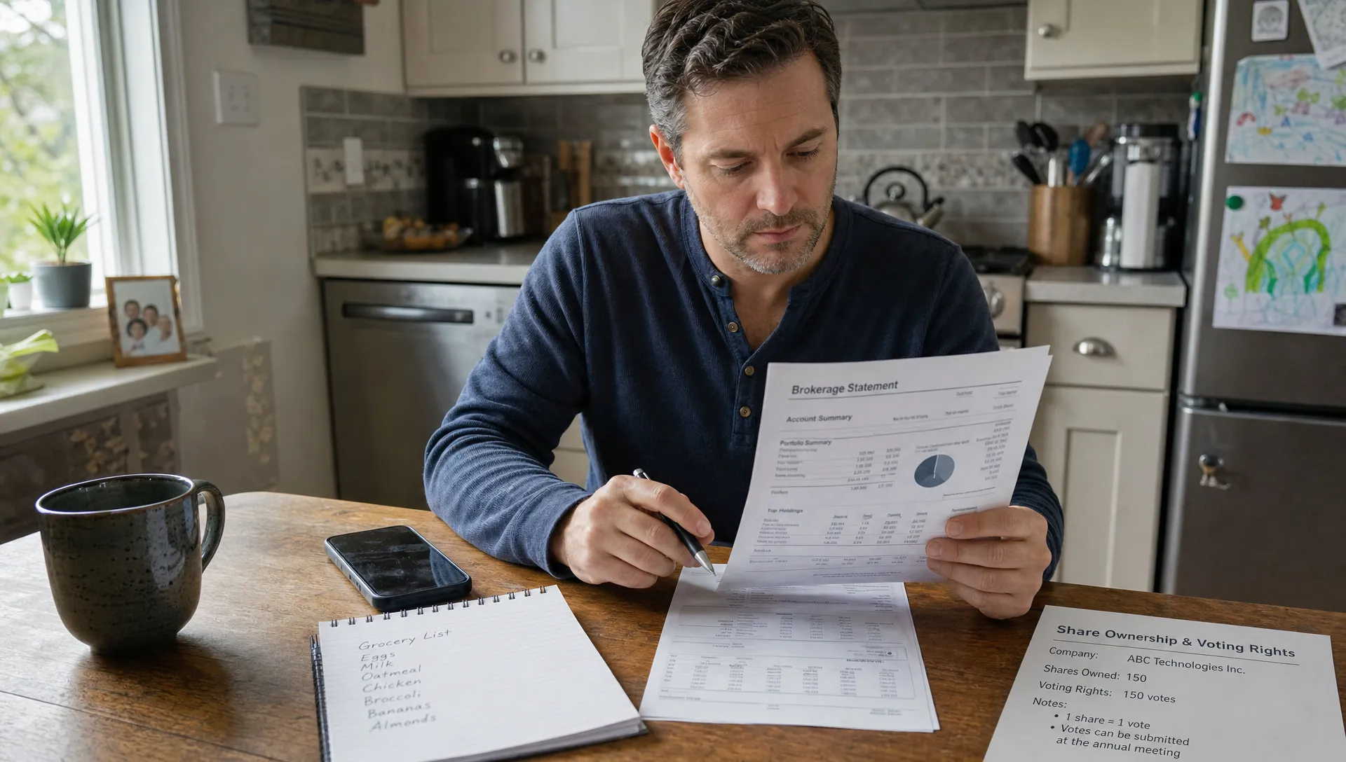 An investor at a kitchen table reviews a brokerage statement and notes on share count and voting rights.