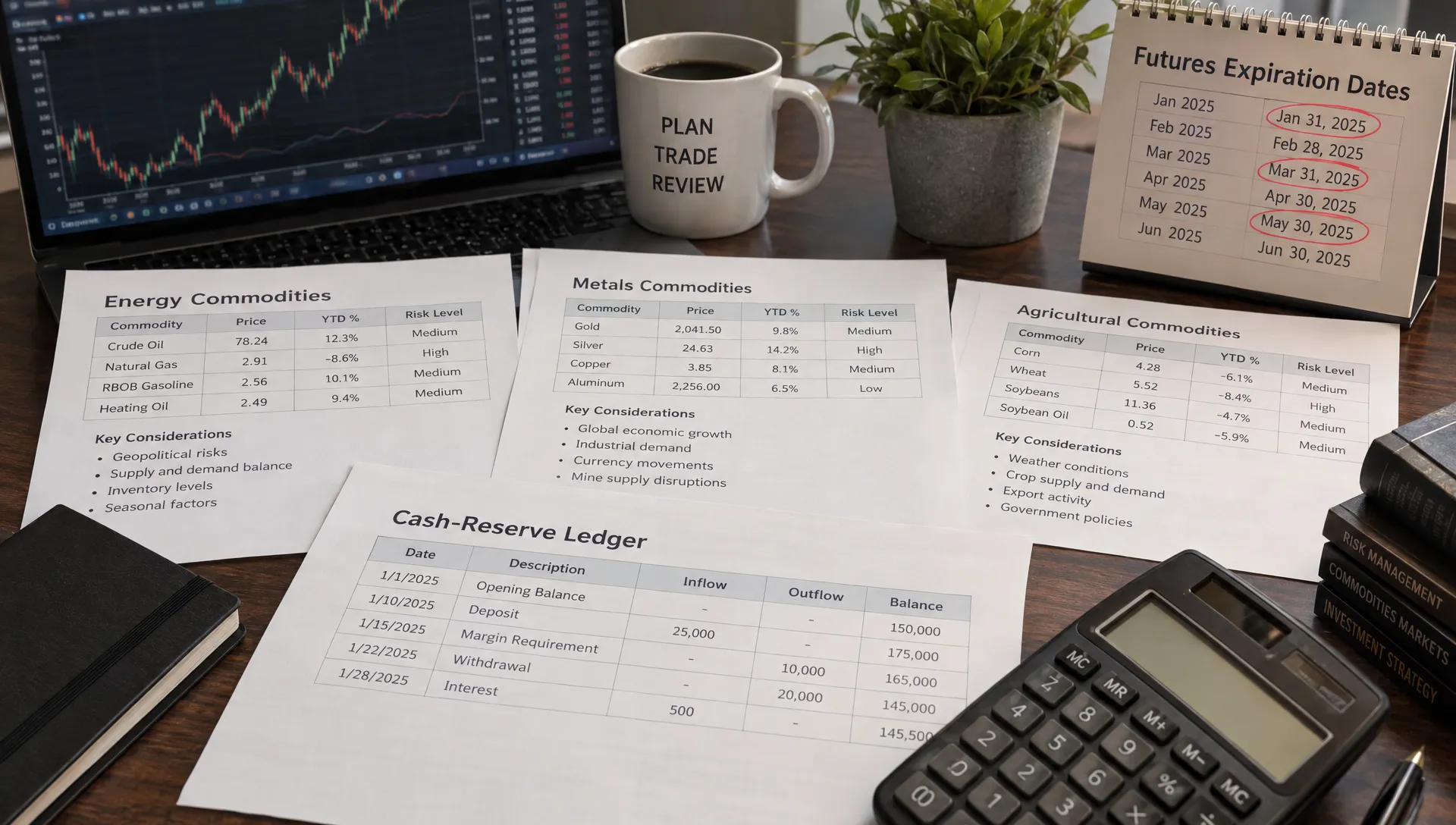 An investor's commodity risk review shows separate energy, metals, and agricultural worksheets beside a cash-reserve ledger and marked futures expiration dates.