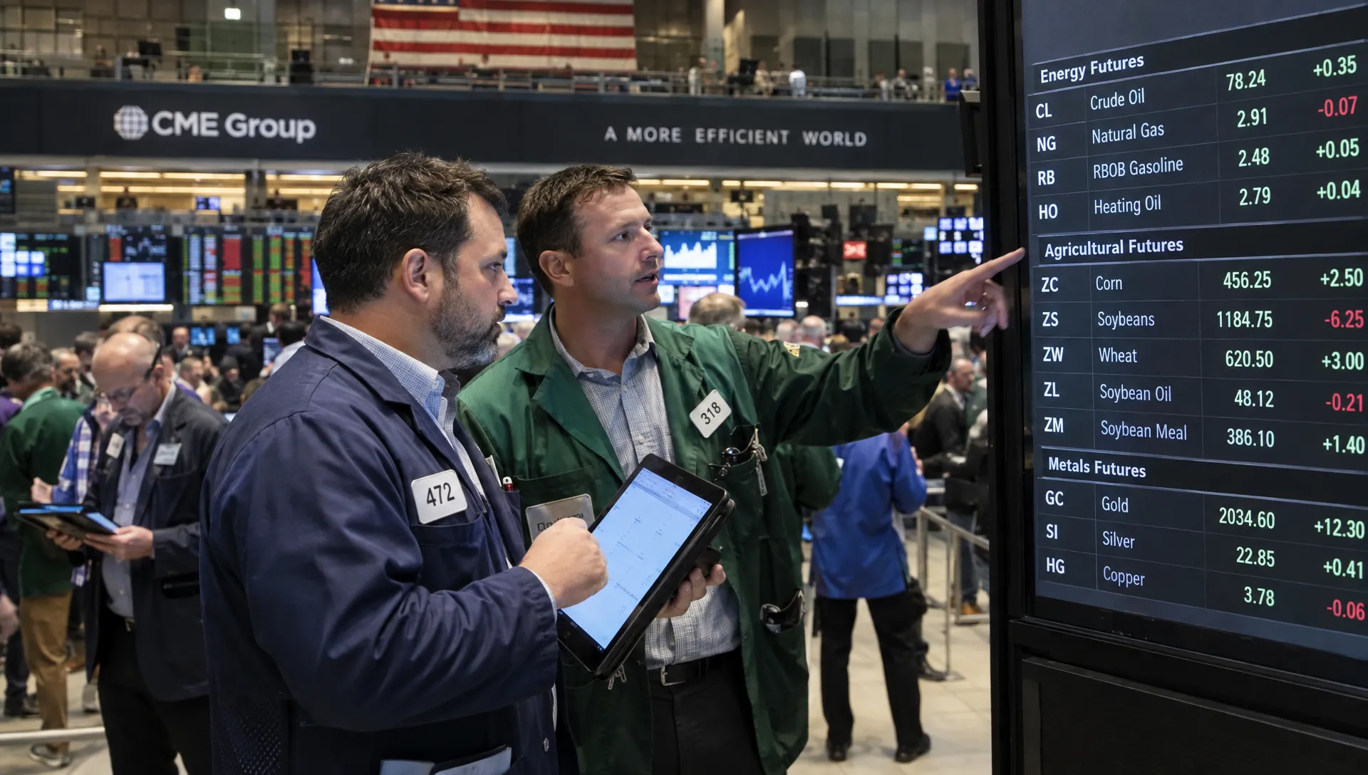 Two traders discuss futures exposure beside a market board in a busy commodity exchange gallery.