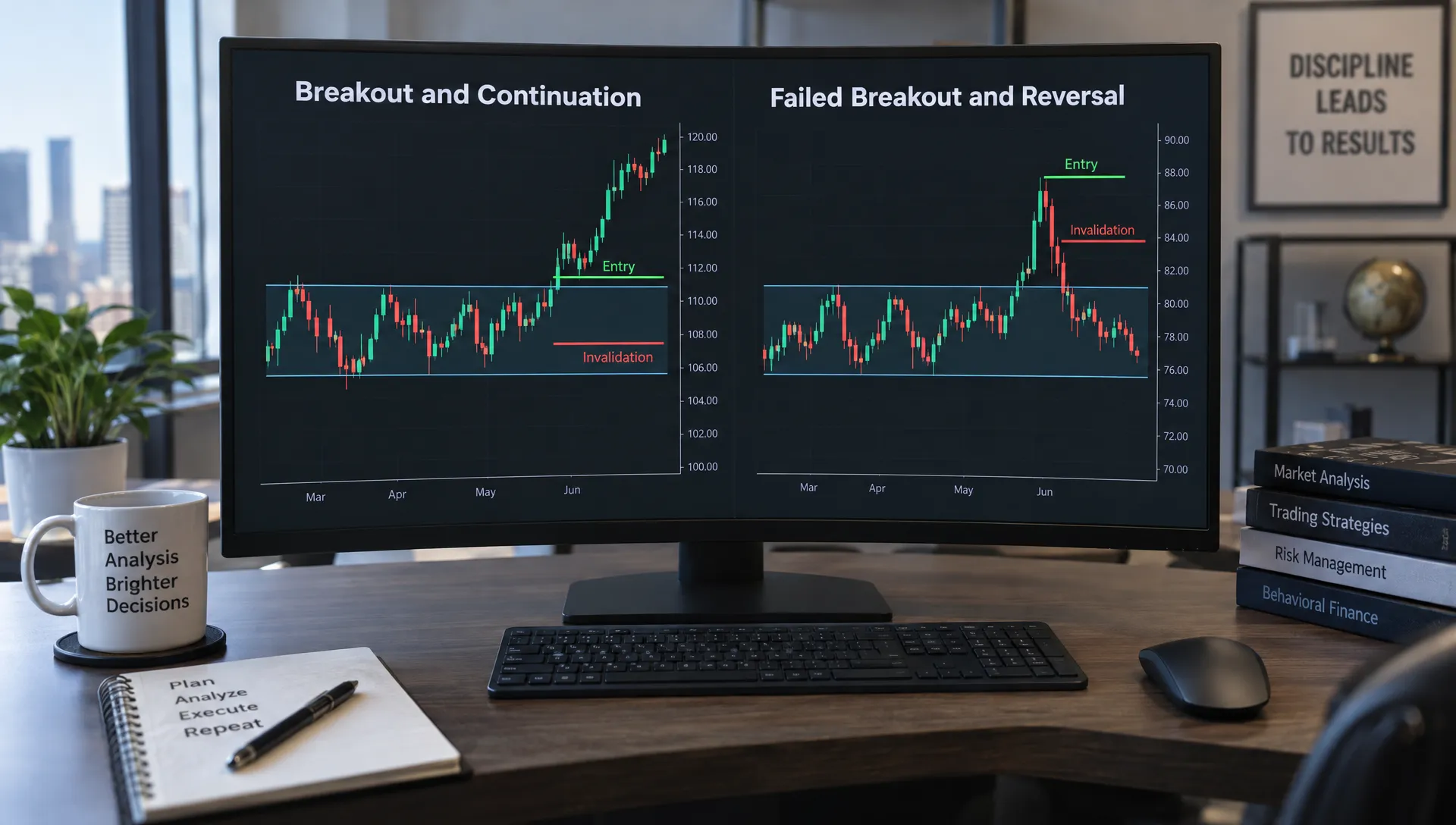 Two hypothetical charts contrast a continuing breakout with a failed breakout returning toward the range midpoint, comparing momentum trend trading and mean reversion.