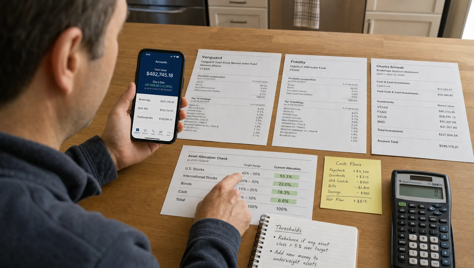 At a kitchen table, an investor sorts statements and checks allocation bands while comparing portfolio drift.