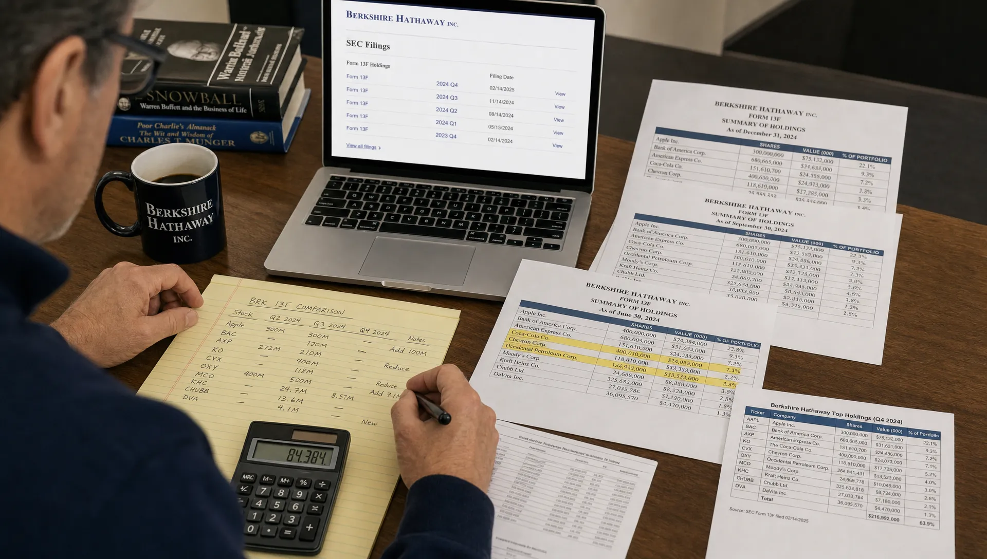An investor compares Berkshire Hathaway holdings across filings and marks notes at a desk.