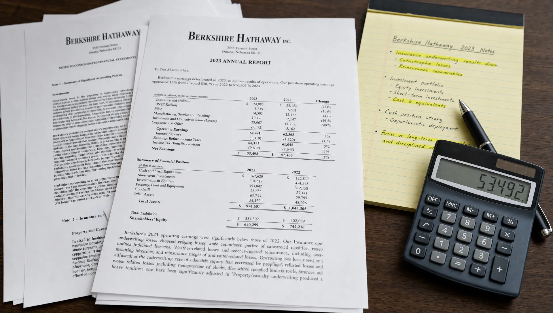 Printed Berkshire Hathaway filings and a highlighted notes page sit on a desk beside a calculator and pen.