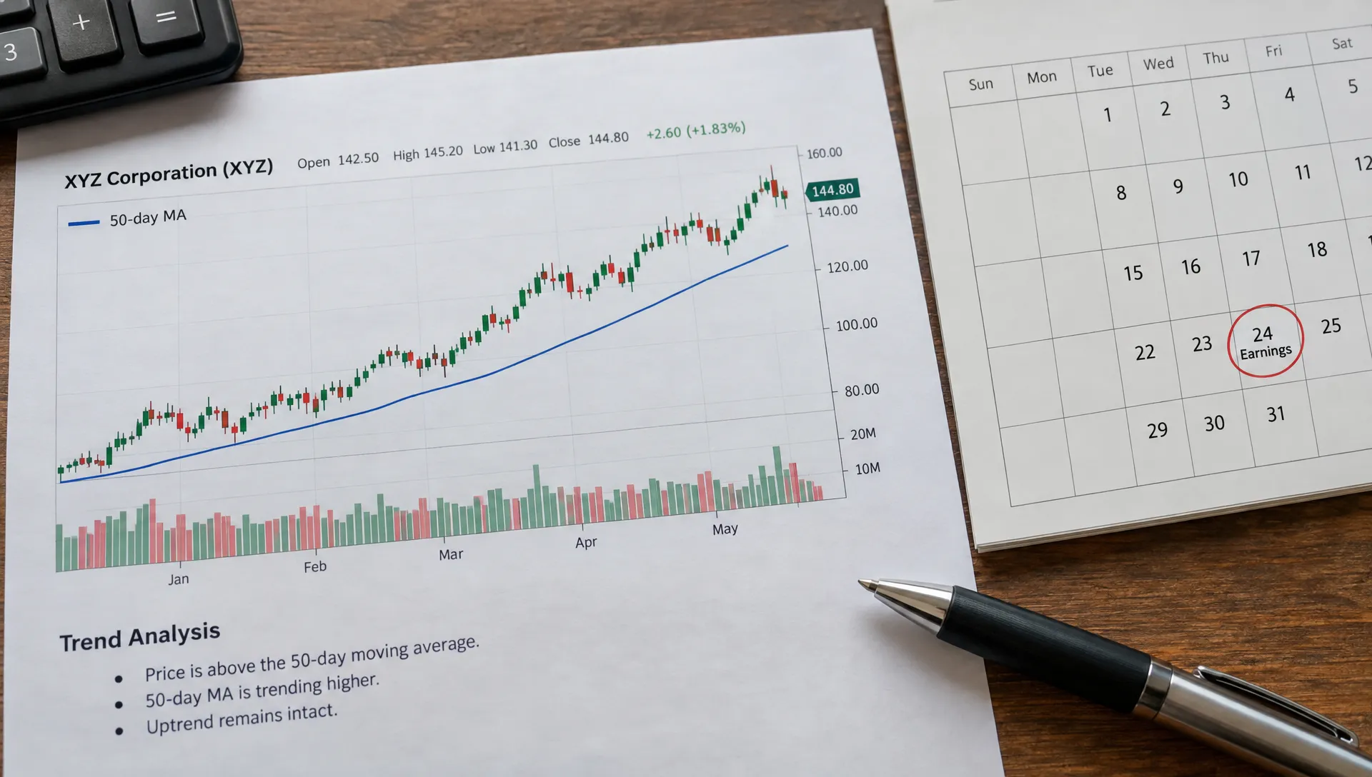 A printed stock chart shows prices above a rising 50-day moving average beside an earnings date marked on a calendar, illustrating the trend assessment before an entry decision.