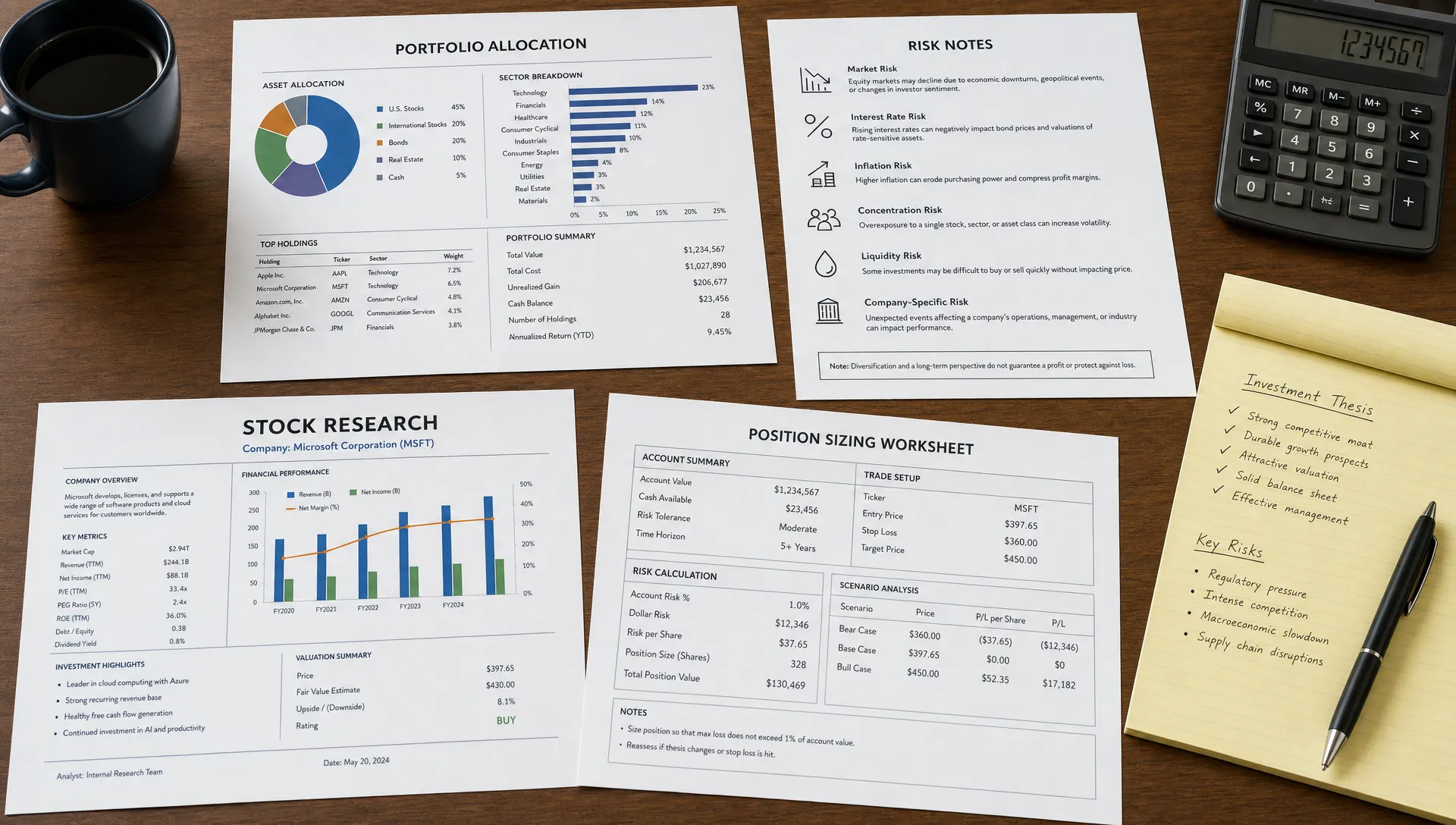 A portfolio allocation chart, risk notes, stock research pages, and a sizing worksheet spread across a desk for an investment decision.