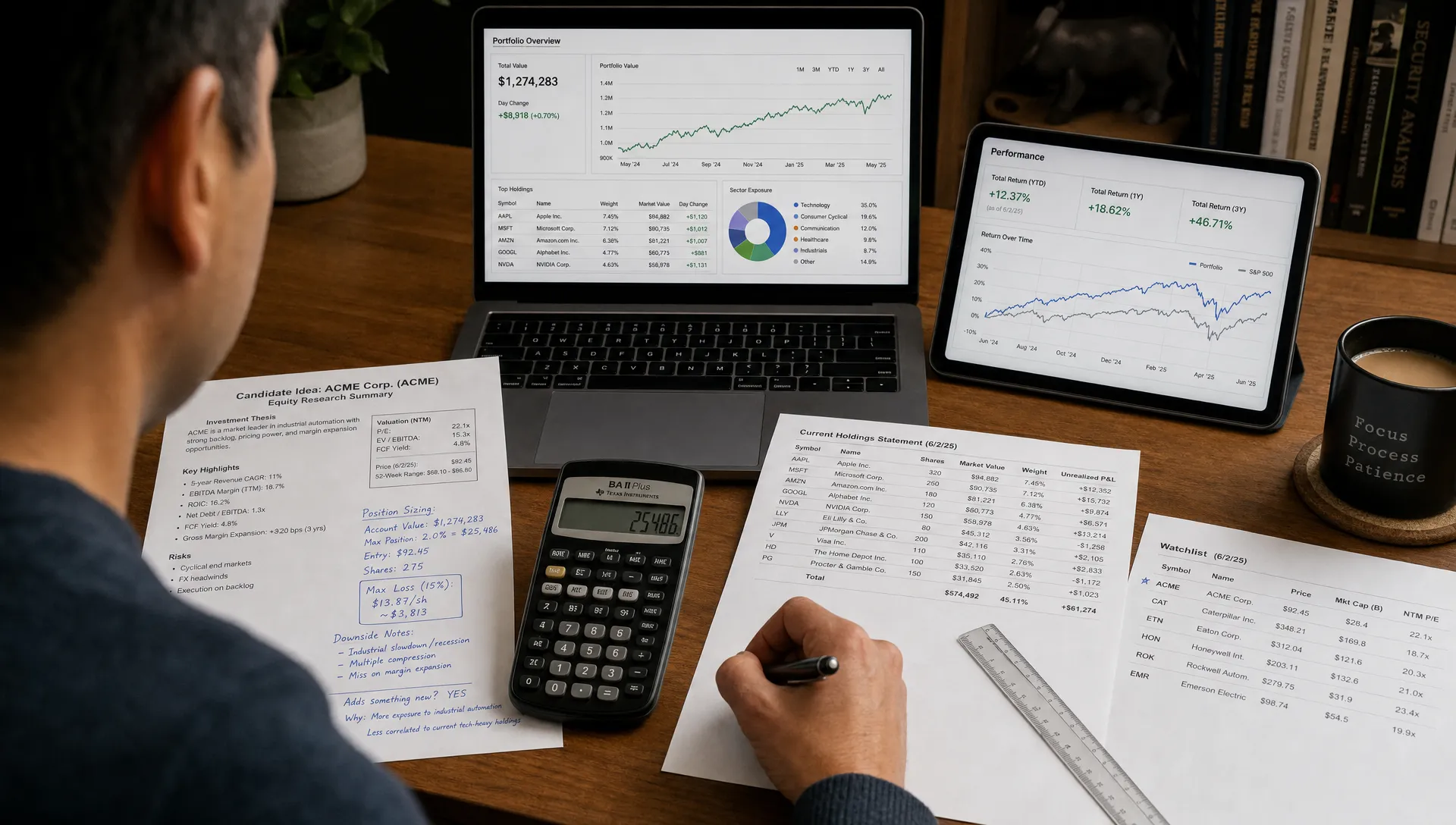 An investor compares a stock report with holdings statements and portfolio screens at a home desk.