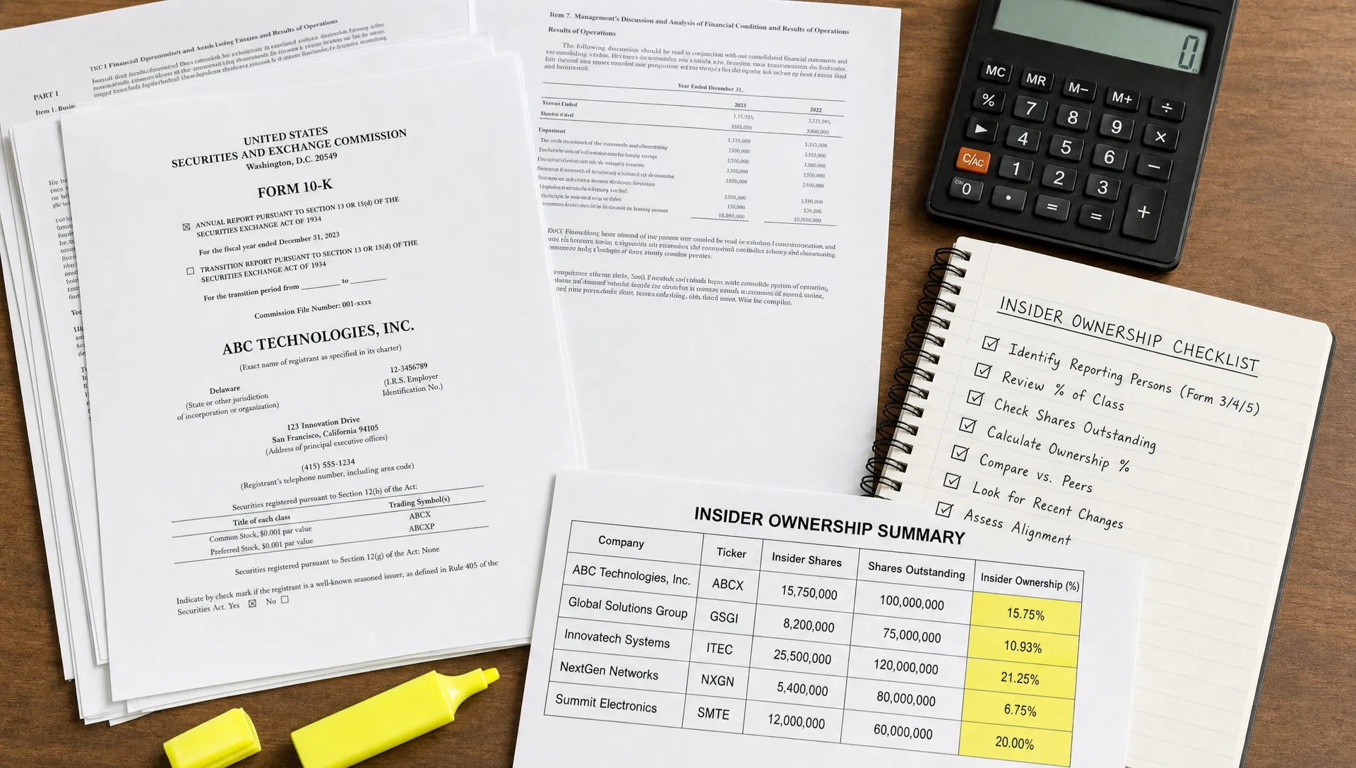 A tabletop with printed SEC filings, a calculator, a notebook checklist, and highlighted tables showing insider ownership percentages for several public companies.