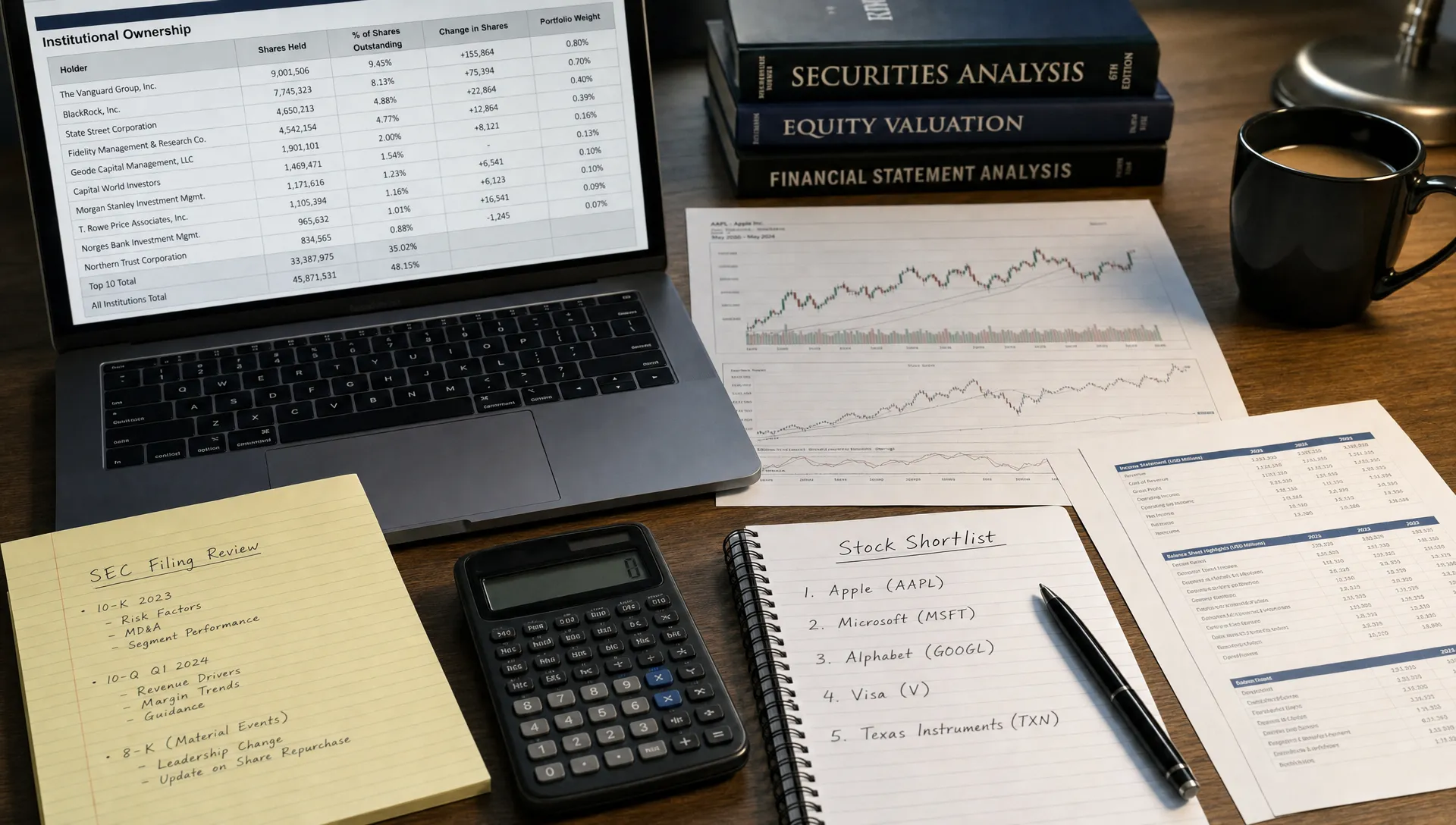A research desk holds institutional ownership tables, SEC filing notes, a calculator, stock charts, and a notebook with a shortlist of companies.