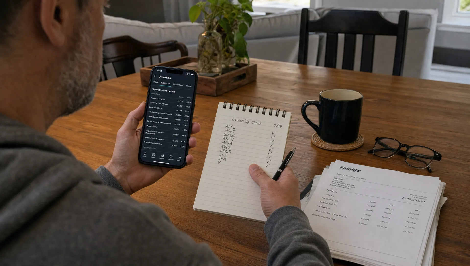 At a home table, an investor compares tickers and notes while checking institutional ownership data on a phone.