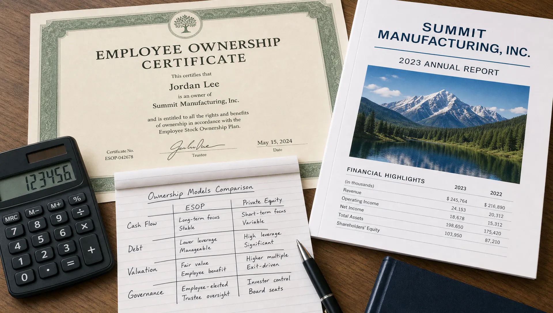 A close-up overhead view of an employee ownership certificate, a company annual report, a calculator, and handwritten notes comparing cash flow, debt, valuation, and governance on a desk.