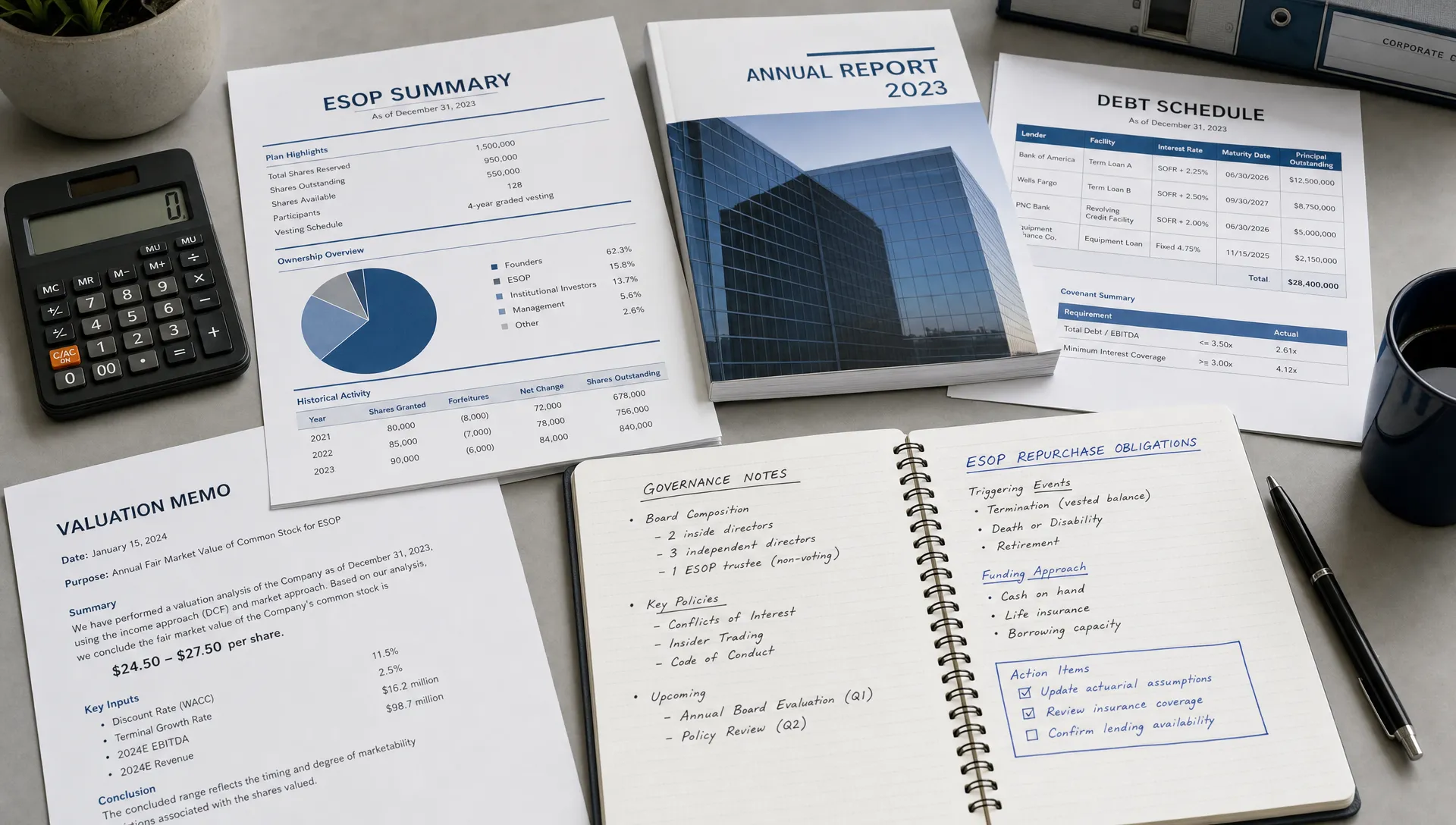 A wide, landscape scene of a business valuation and ownership review laid out on a clean table: an ESOP summary document, an annual report, a debt schedule, a valuation memo, a calculator, and annotated notes about governance and repurchase obligations. No people are present; the setting feels like a quiet office workspace with papers arranged in an organized spread that emphasizes analysis rather than promotion.