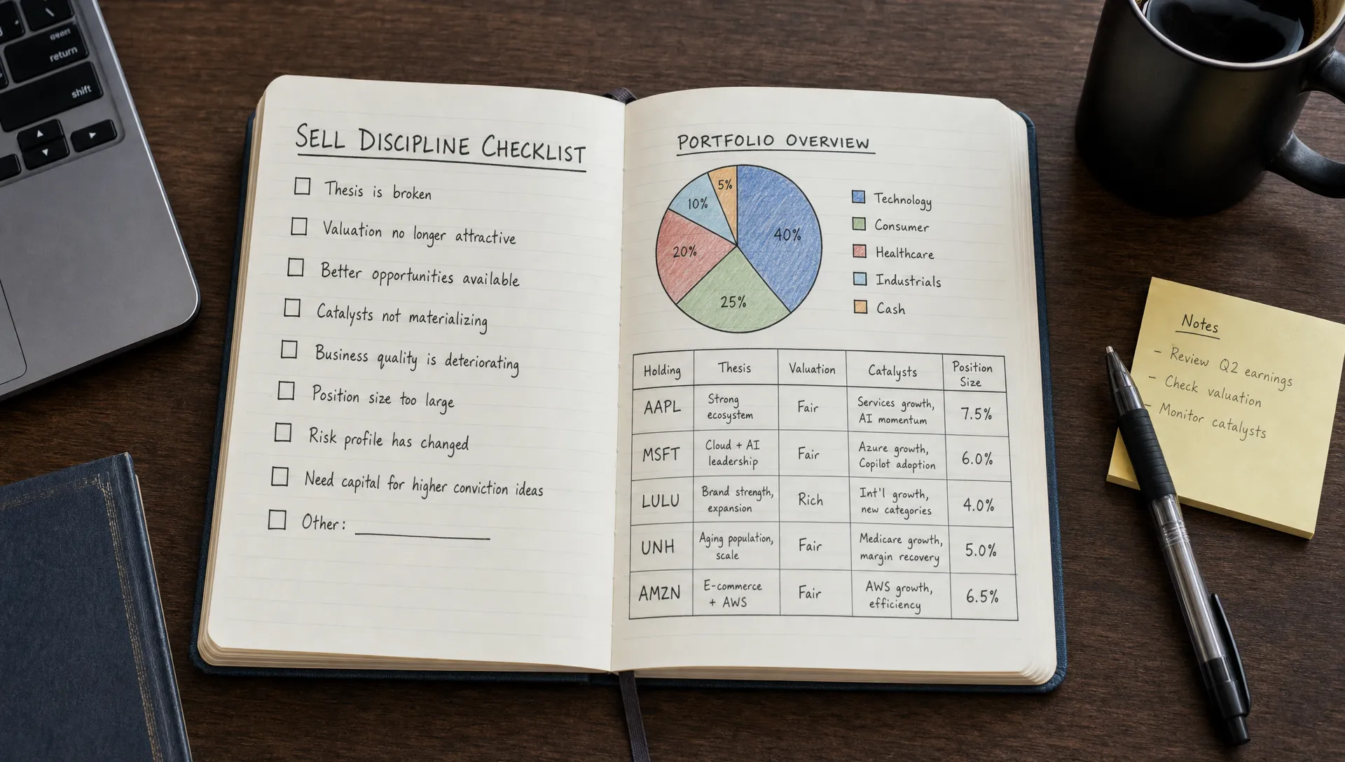 A notebook on an investor's desk shows a sell discipline checklist beside a simple portfolio chart, with columns for thesis, valuation, catalysts, and position size.