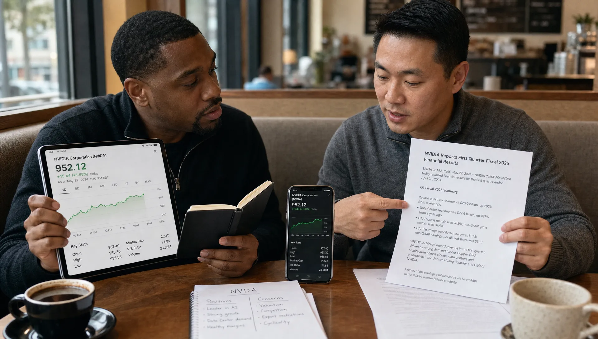Two investors compare a stock on a tablet and phone while discussing whether to keep or trim the position.