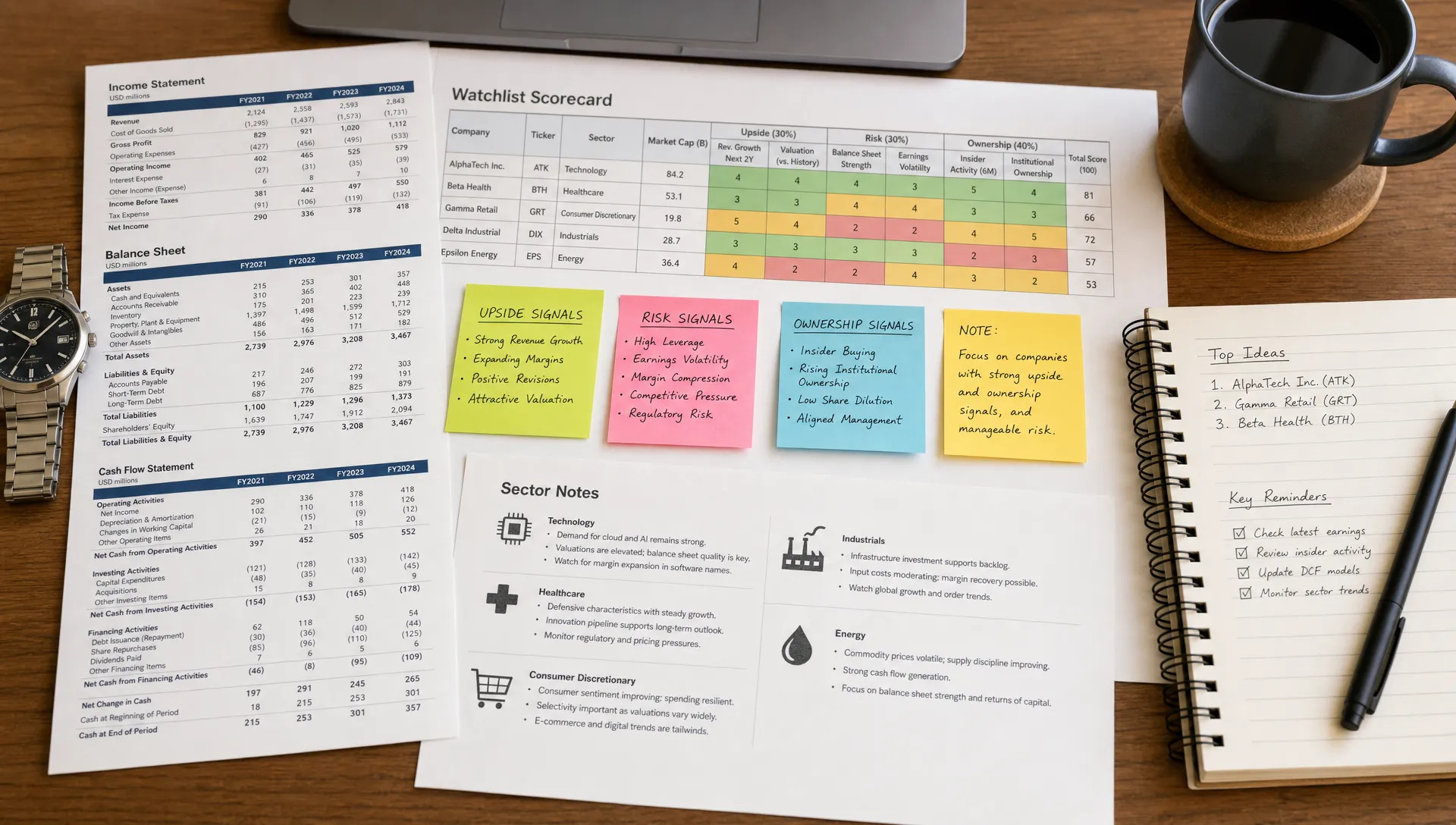 Printed financial statements, a watchlist scorecard, sector notes, and sticky notes compare upside, risk, and ownership signals on a desk.