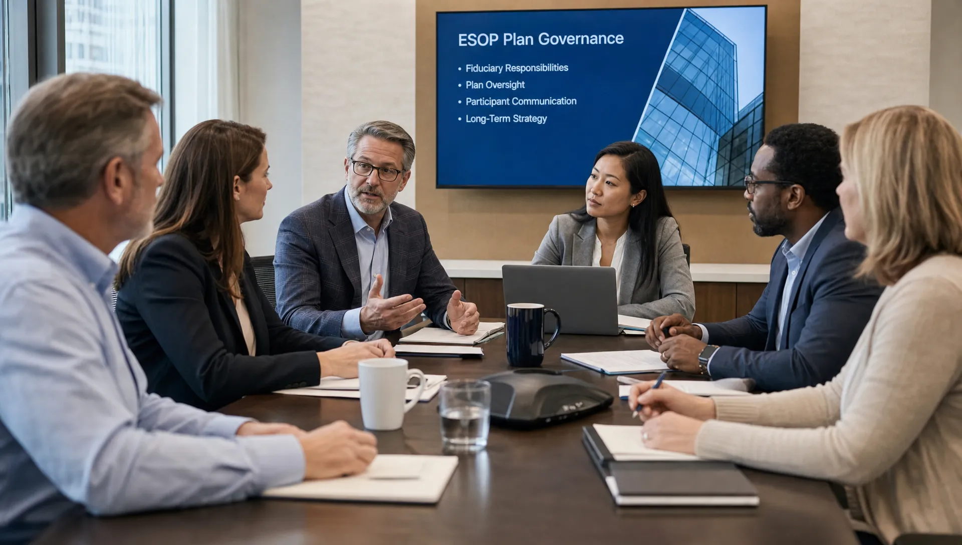 ESOP company leaders, advisers, and employee representatives discuss plan governance around a conference table at an association meeting.