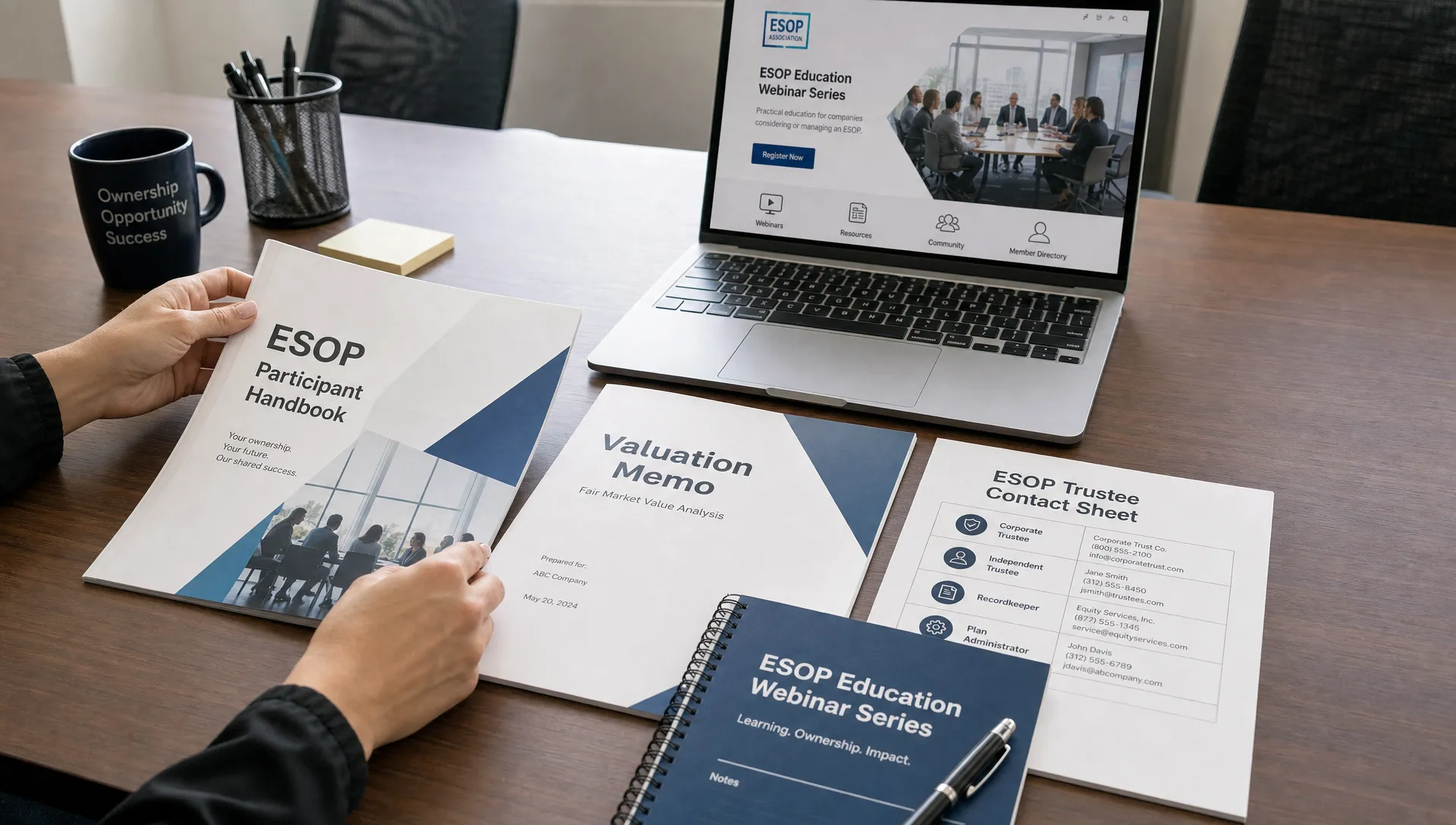 Hands arrange ESOP handbook pages, valuation notes, and a webinar notebook before a training session.
