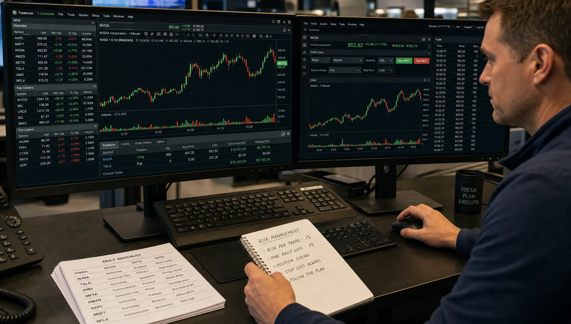 An adult trader watches a fast-moving stock chart at a trading desk with risk notes and watchlists nearby.