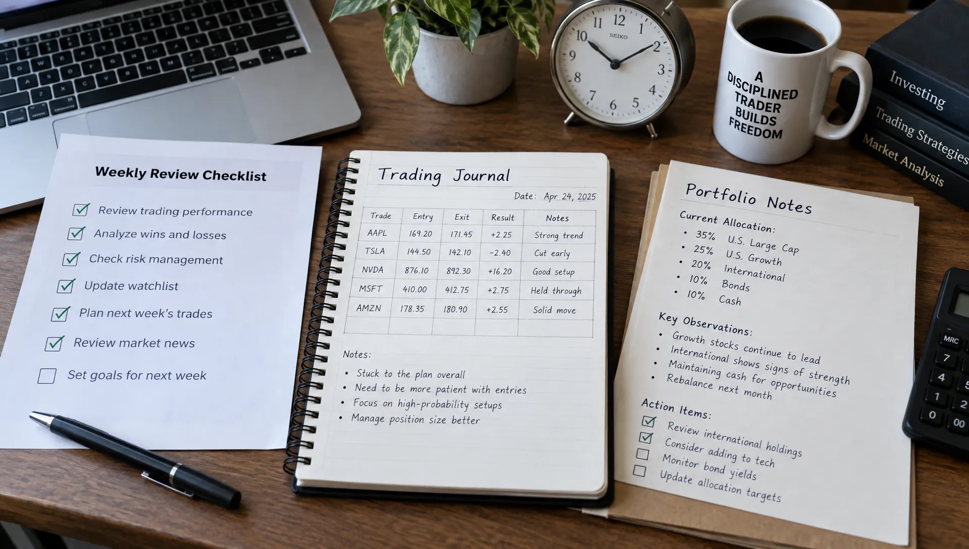 A close overhead view of a paper review checklist, trading journal, clock, and completed portfolio notes arranged on a working desk.