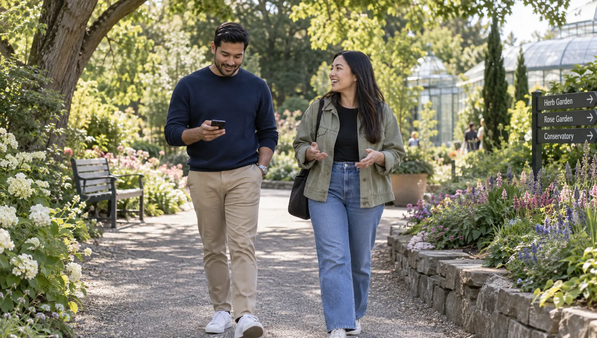 Two adults take a walk through a garden during a break from monitoring the market and following a trend trading routine.