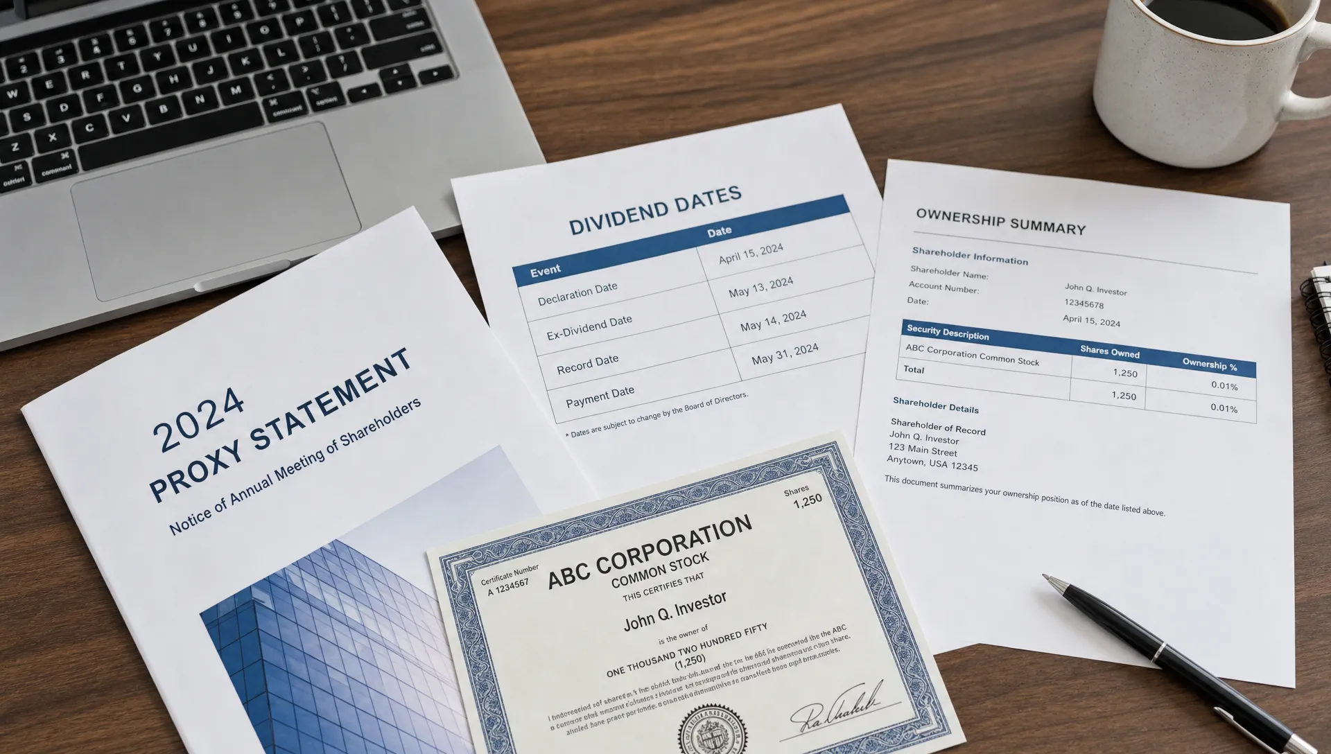 A proxy statement, dividend dates, and ownership paperwork are spread across a desk beside a laptop, showing the records behind shareholder rights.