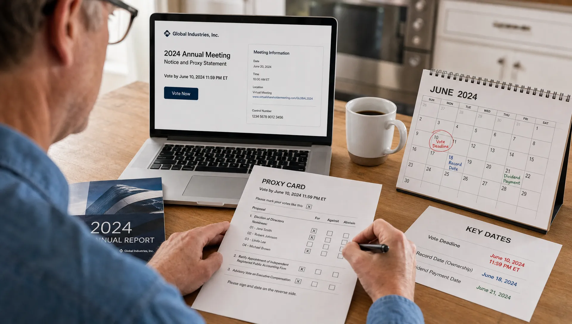 An investor fills out a proxy voting form beside an annual report and dividend dates at a kitchen table.