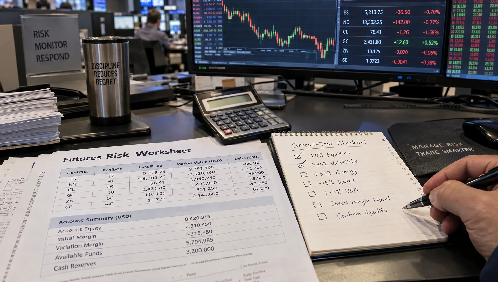 A futures risk worksheet lists contract exposure, account equity and cash reserves beside a calculator and stress-test checklist.
