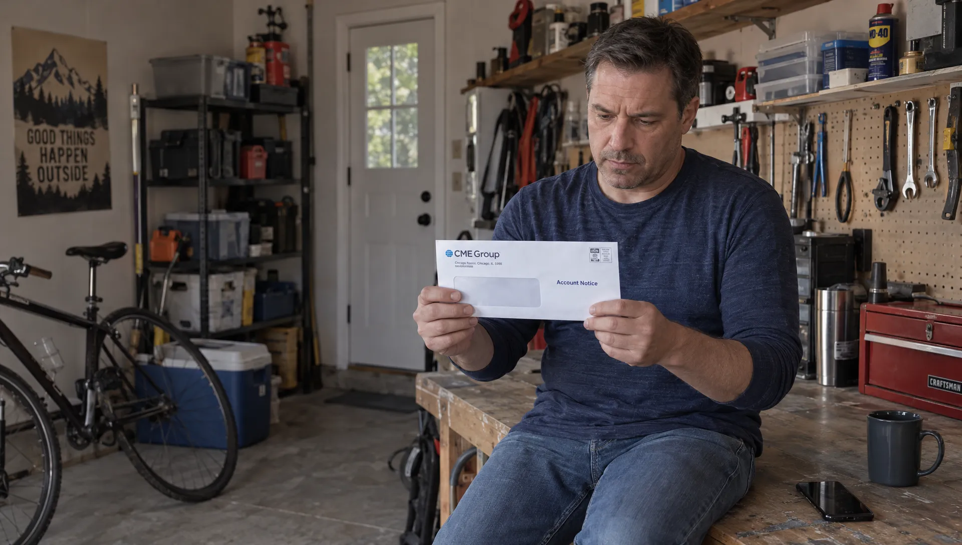 An adult reads a futures brokerage account notice in a home garage among everyday belongings.