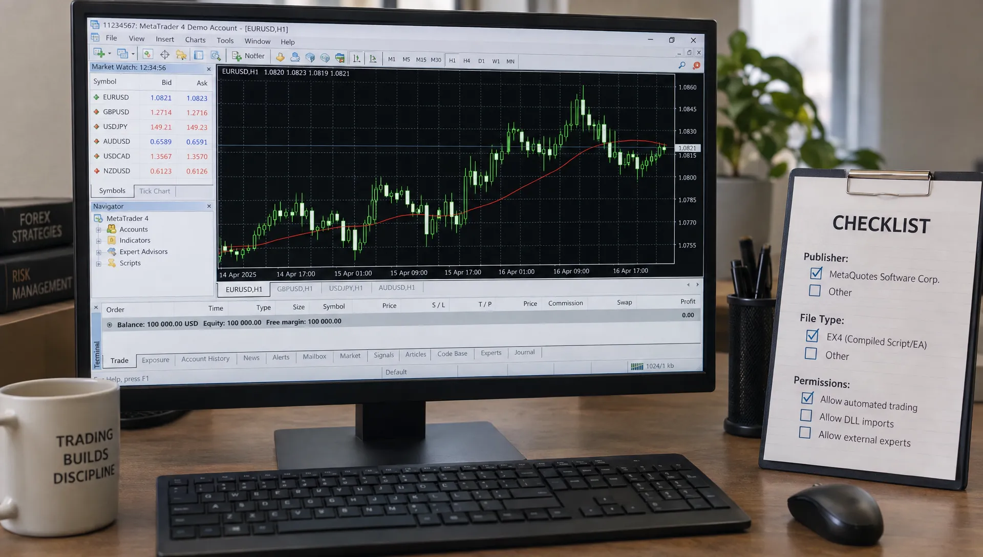 An MT4 demo chart with candlesticks and a moving average is open on a monitor, while a nearby checklist covers the publisher, file type and permissions.
