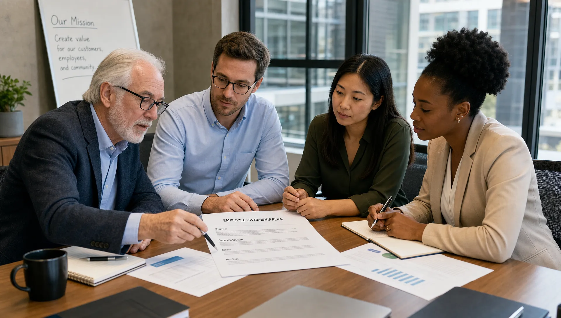 A retiring founder, incoming managers, and an HR lead review employee ownership documents on a conference table.