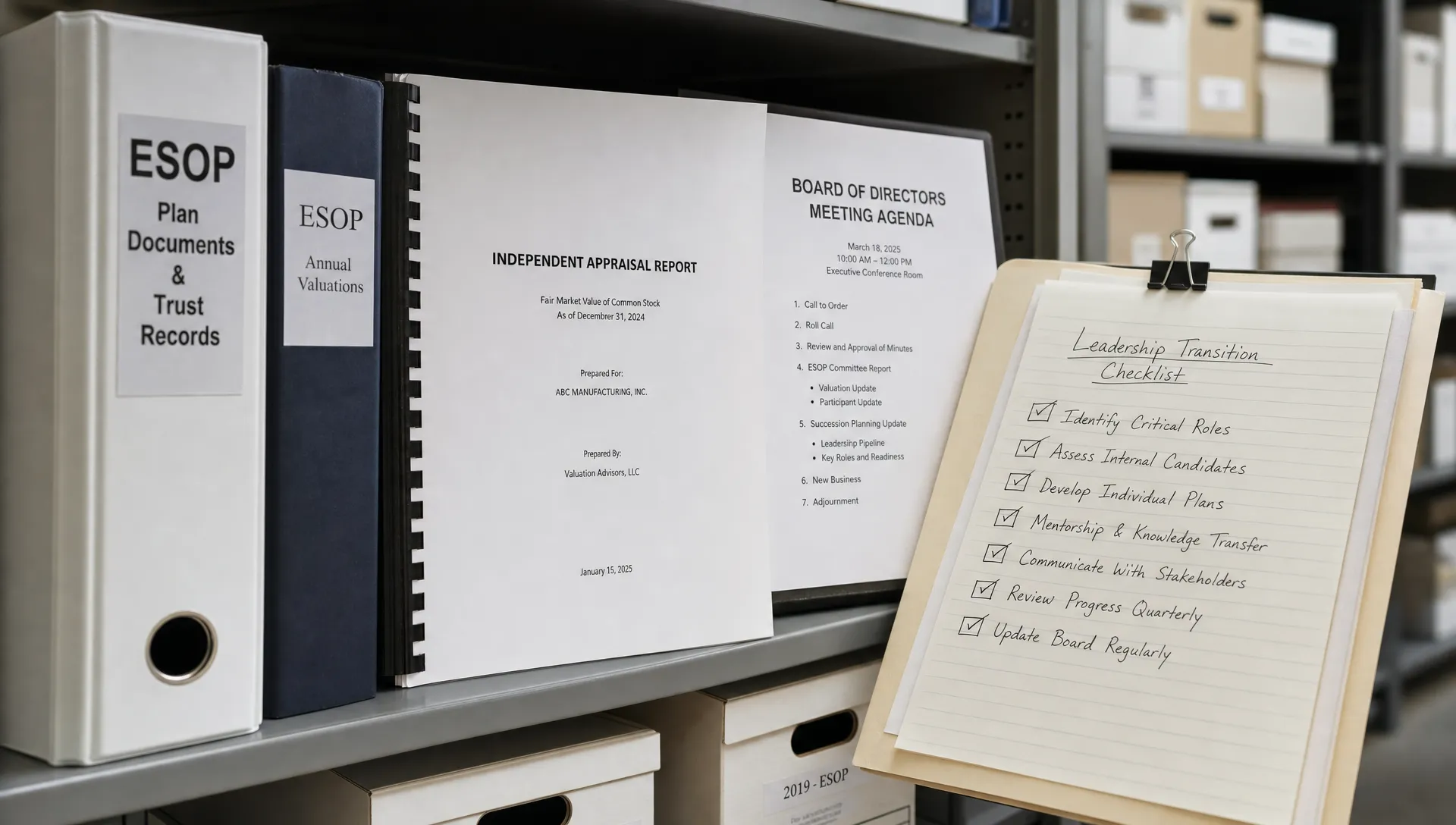 An ESOP binder, appraisal report, and leadership checklist sit together on a file-room shelf during succession planning.