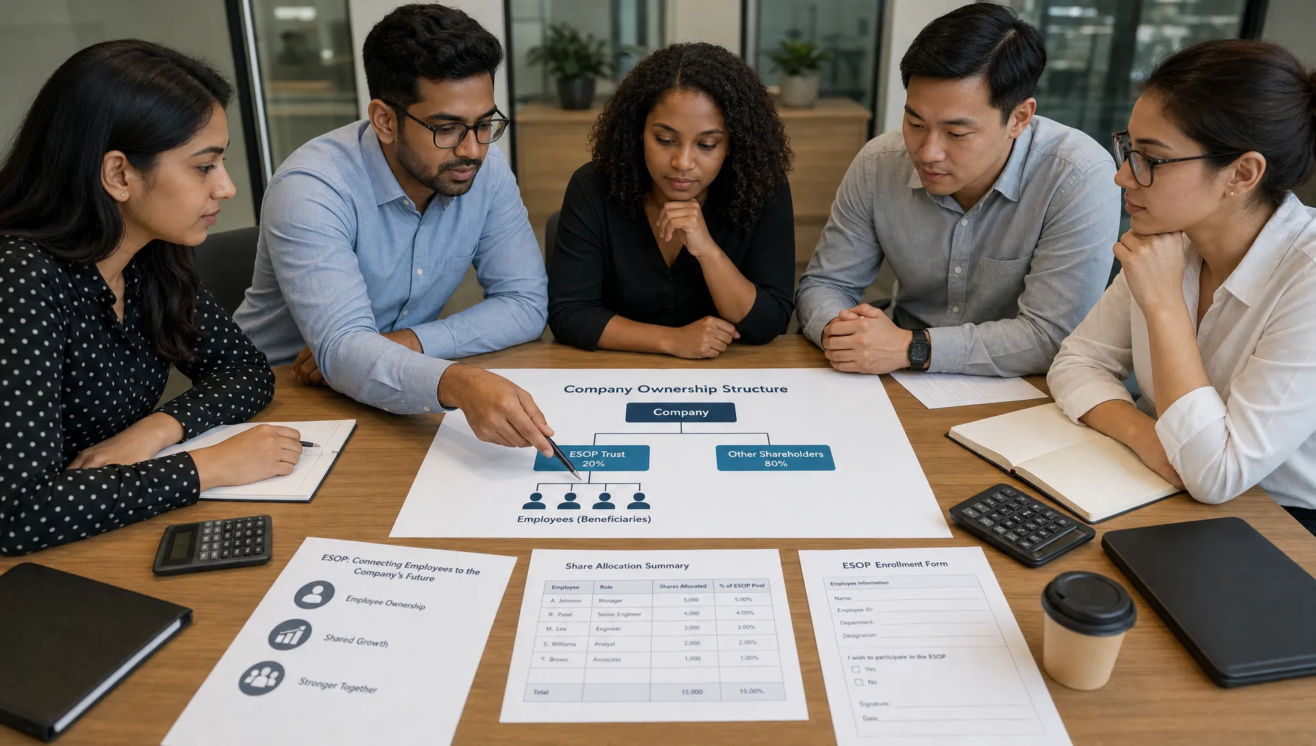 A diverse group of adult employees reviewing a simple company ownership chart on a conference table, with paper documents, calculators, and share allocation forms visible, showing how ESOP shares connect employees to company value.