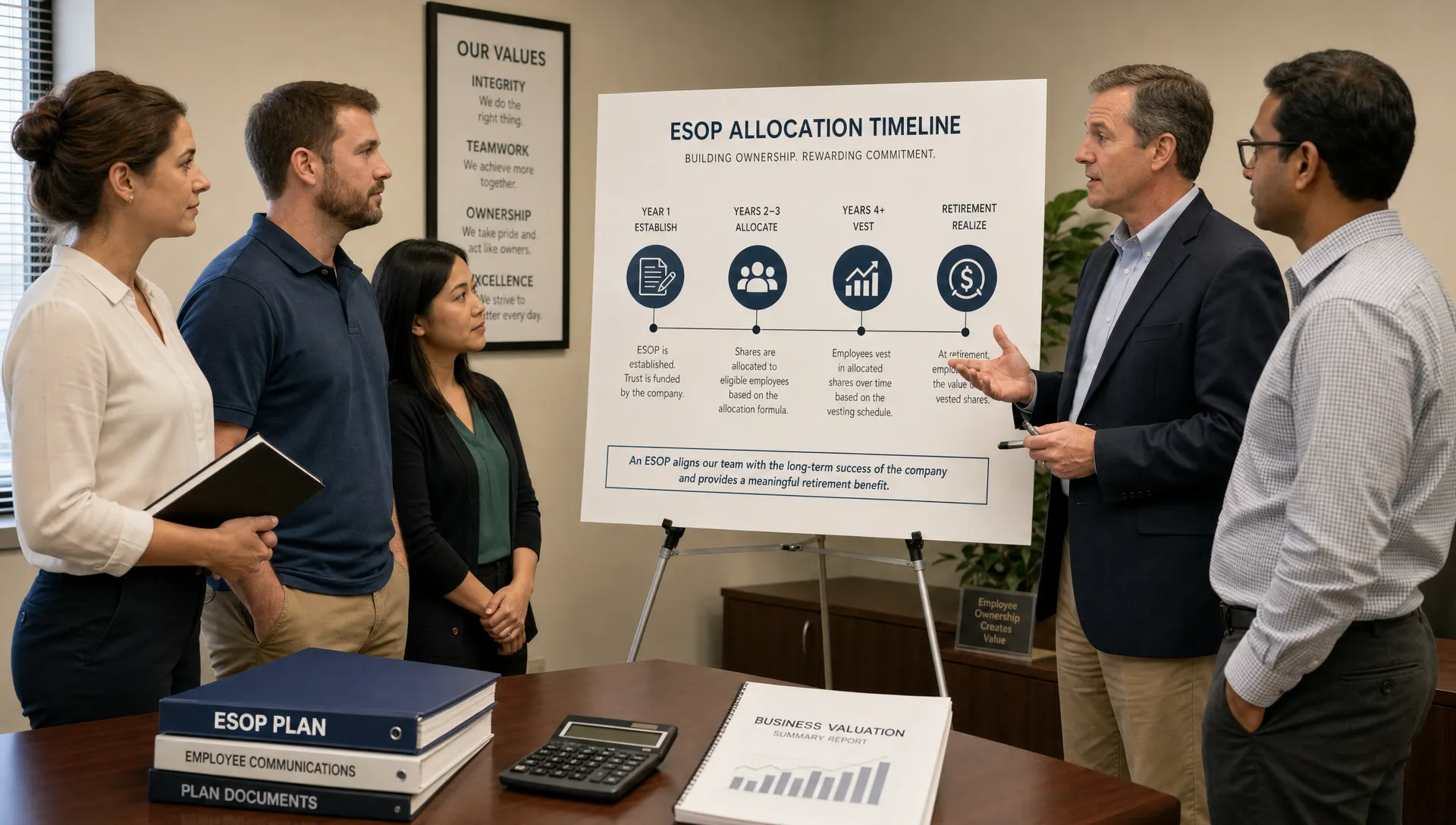 A wide, landscape scene of a private company ownership and retirement planning discussion in a neutral office setting: a small group of adult employees and an advisor stand around a standing presentation board showing a simple ESOP allocation timeline, with a few folders, a calculator, and a valuation document on a side table. The composition feels structured and informative, with the people and board as the clear focal points and no computer screens in view.
