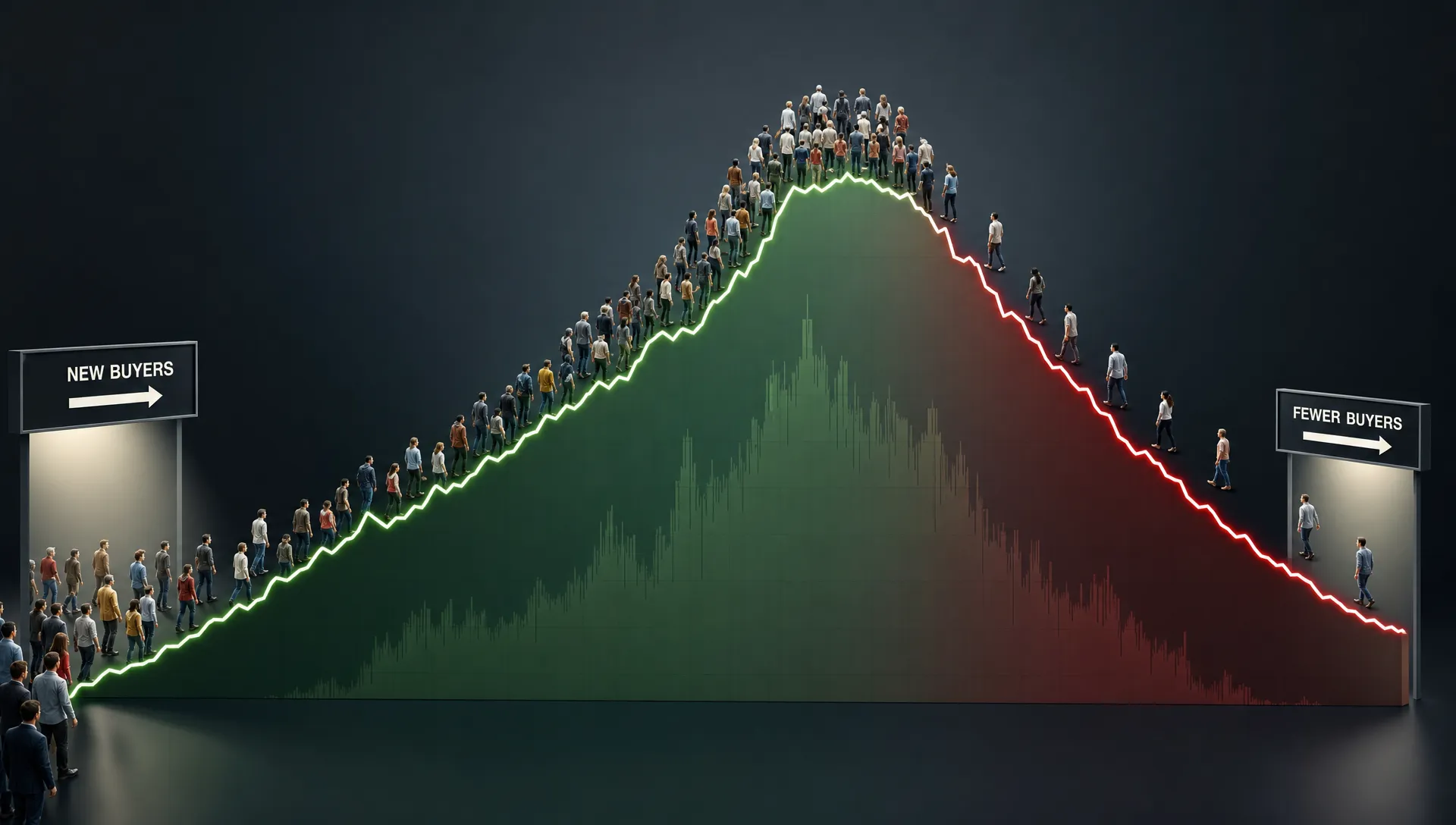 A stylized market chart with a rising price line that peaks and then bends downward, small investor icons clustering near the top, and a thinning flow of buyers as the move reverses.