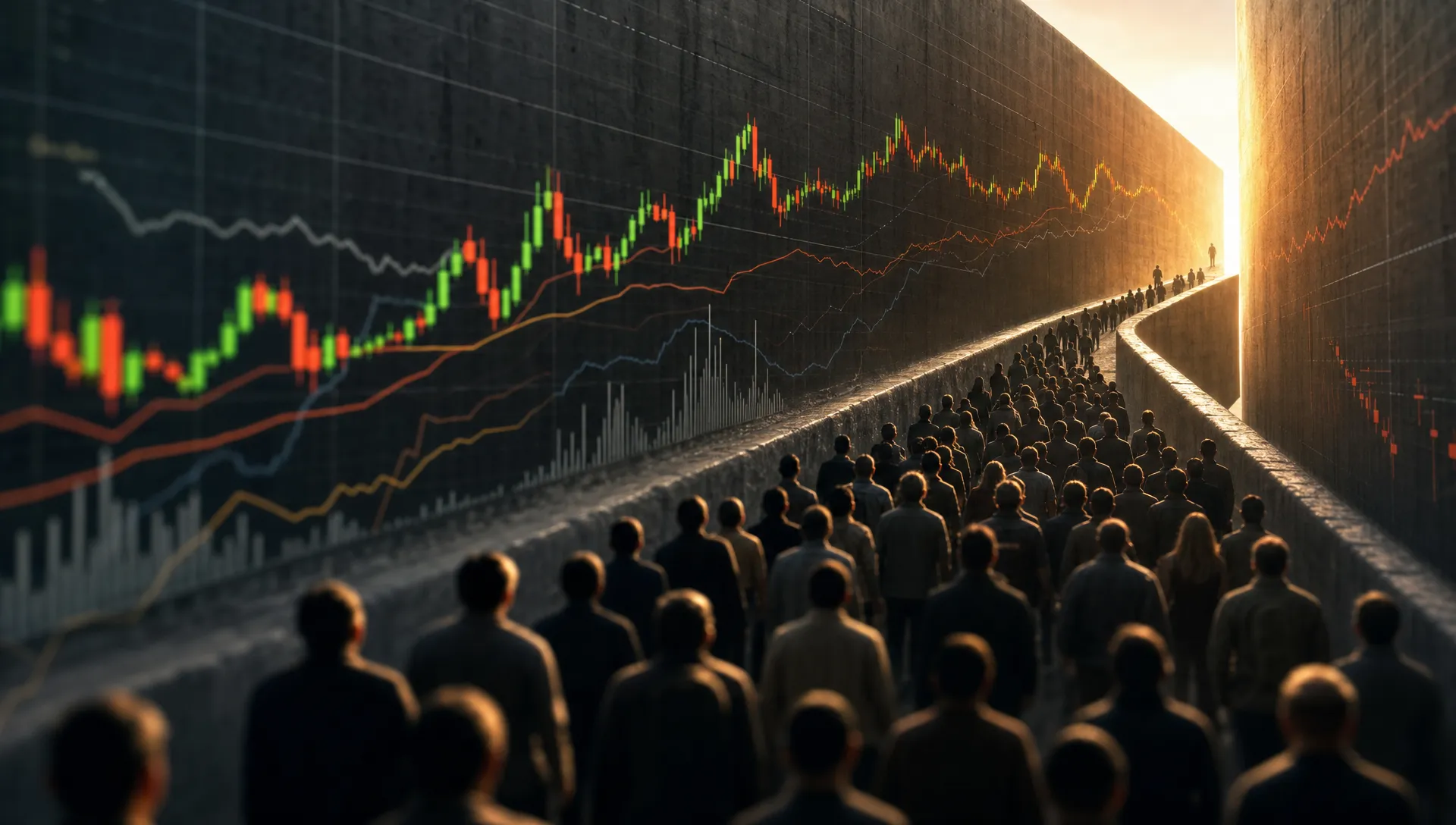 A wide conceptual scene of a crowded trading lane narrowing into a single exit path, with layered market momentum lines, a few anonymous investor silhouettes merging toward the same direction, and a sharp turn where the flow thins out near the end. The setting feels like an abstract financial corridor rather than an office or dashboard, emphasizing how a hot trade can become fragile when too many buyers are leaning the same way.