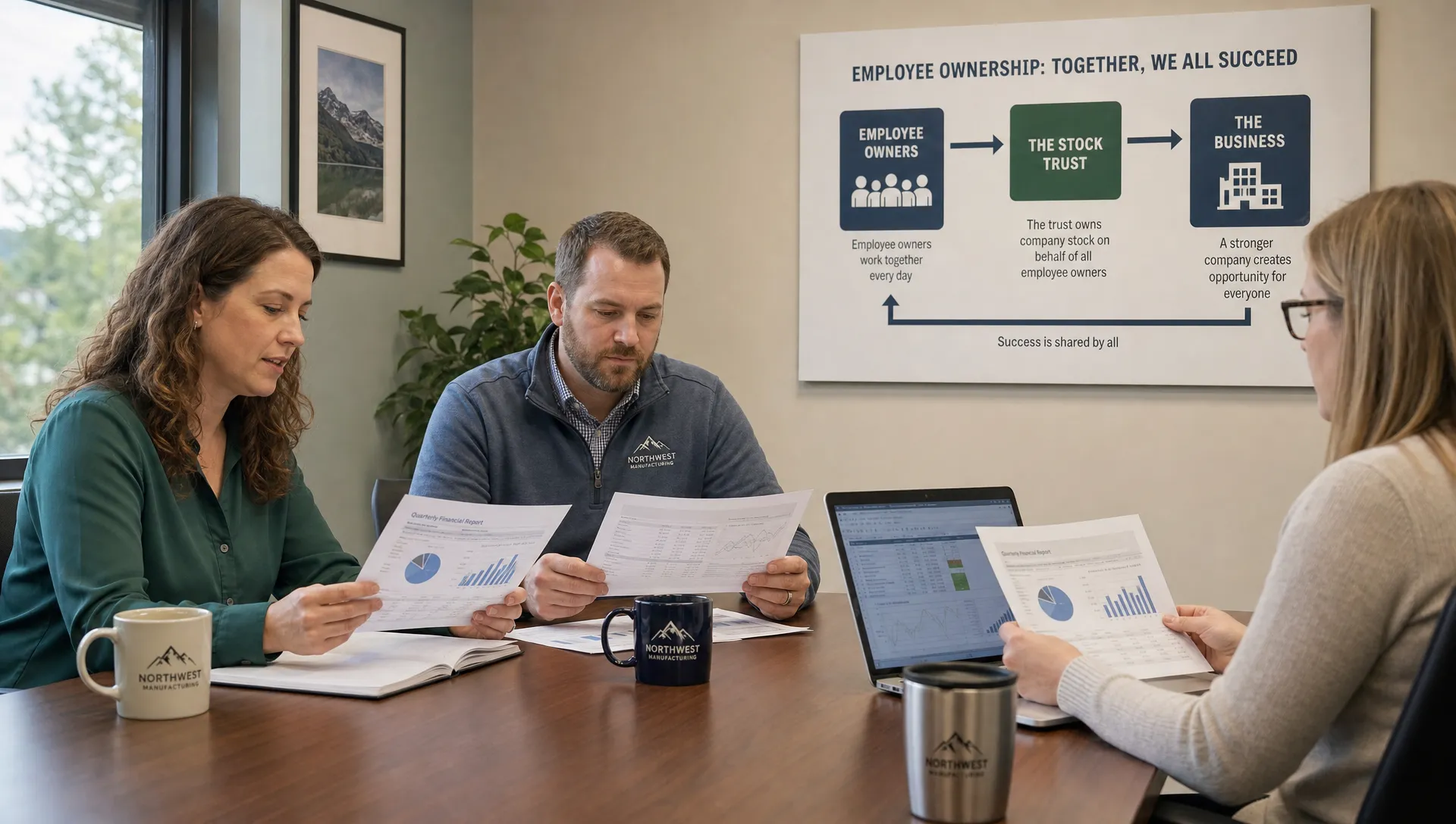 Employee owners review printed financial reports in a meeting room beside a wall chart linking workers, the stock trust, and the business.