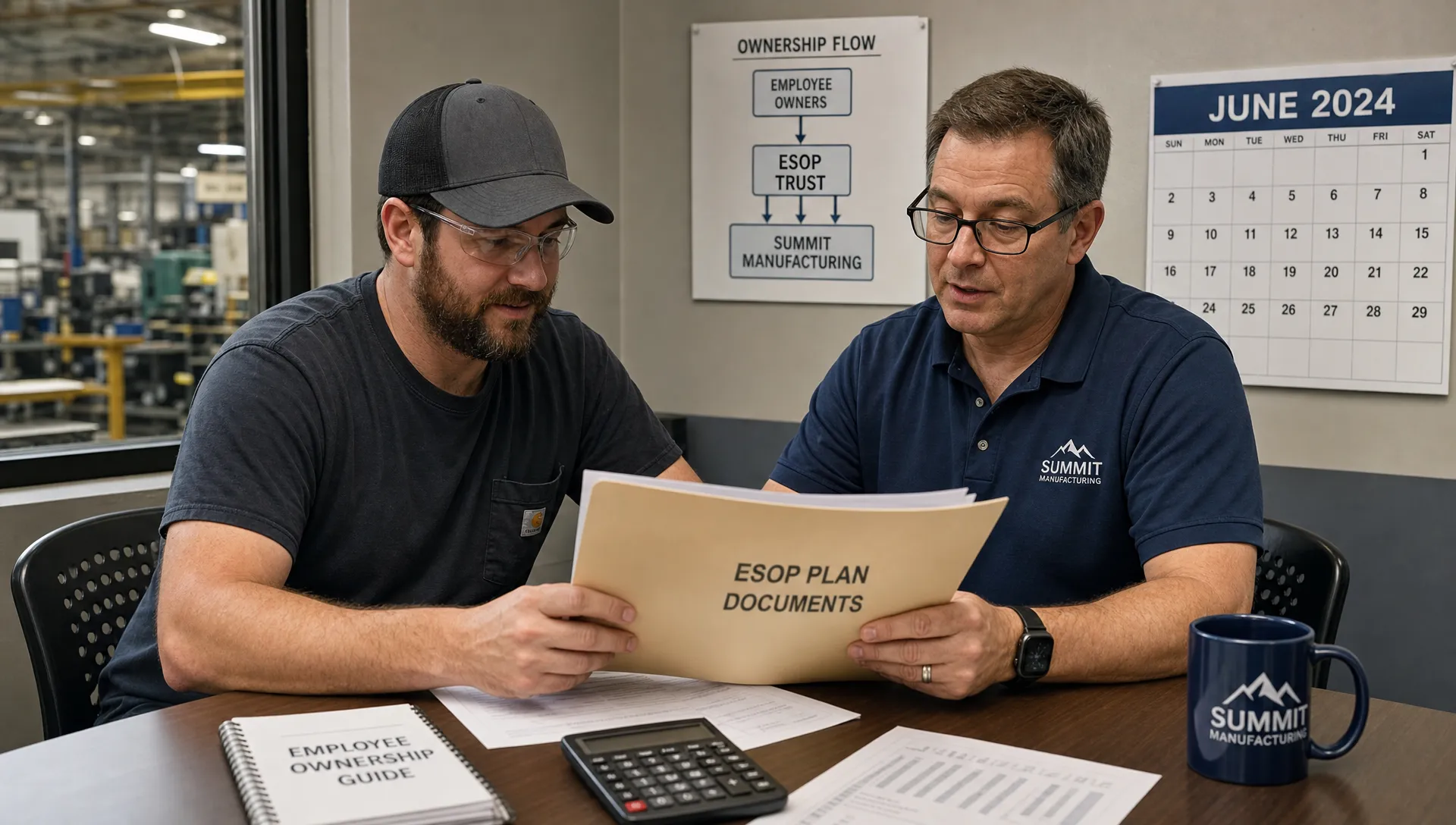 An employee-owner and manager review ESOP plan documents in a break room beside an ownership chart.
