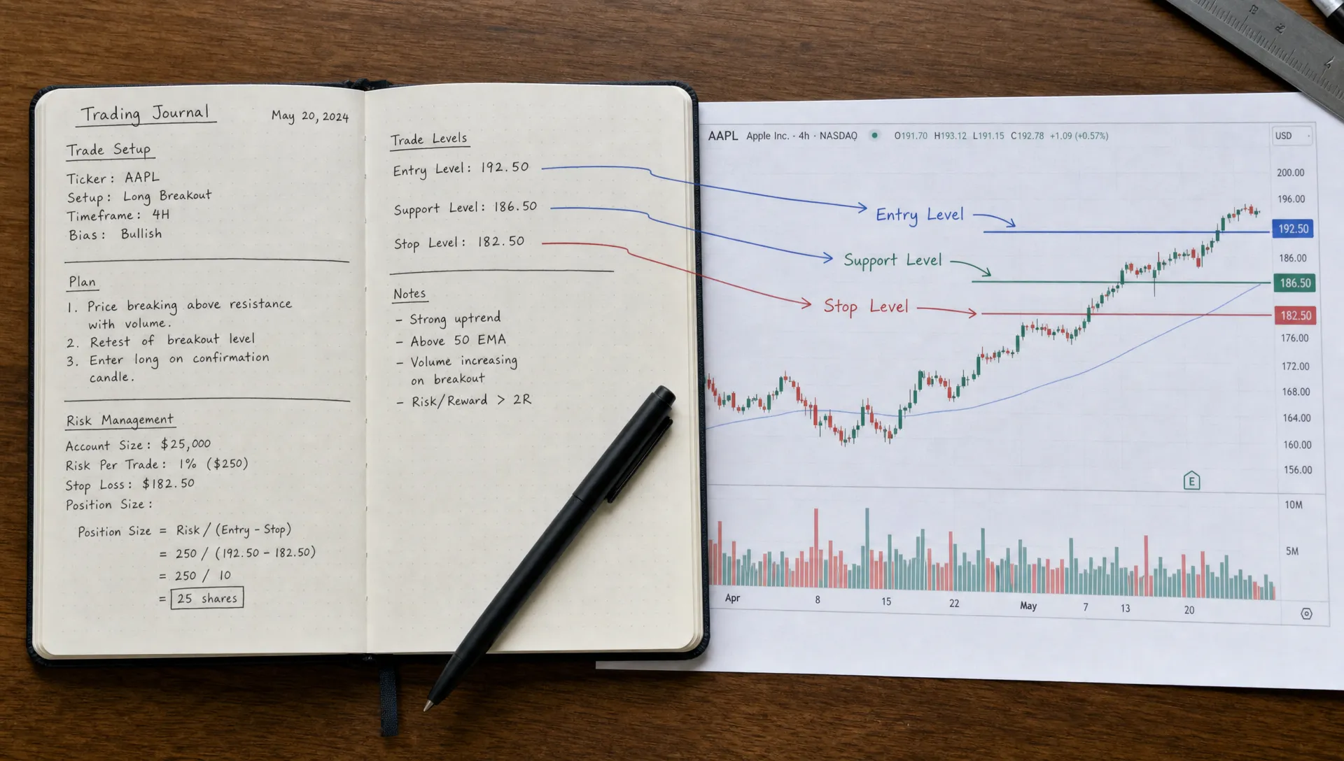 A trading journal open beside a stock chart printout, with handwritten notes marking an entry level, support level, stop level, and position size calculation.