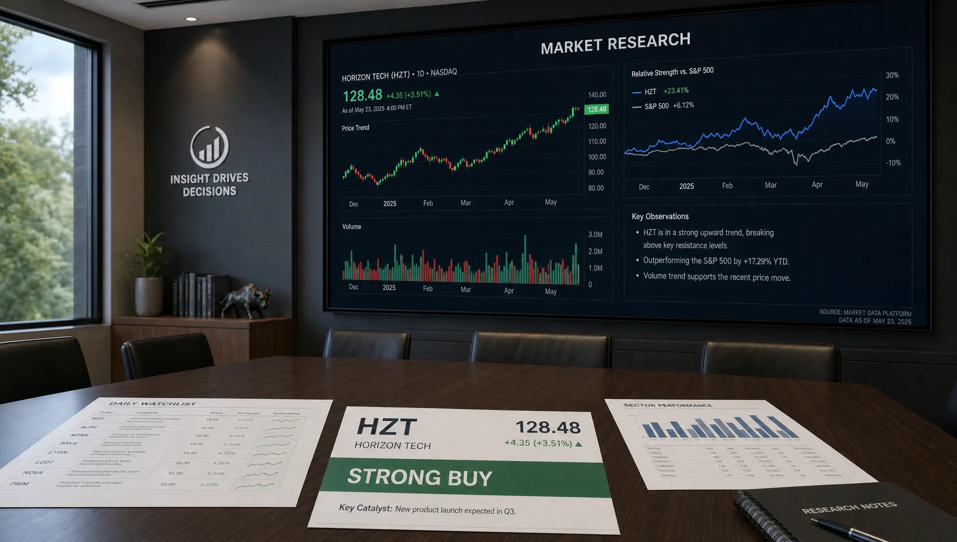 A landscape establishing scene inside a modern market research room with a large wall display showing a stock trend line, relative strength comparison, and volume bars, while a table in the foreground holds printed watchlist pages and a single highlighted ticker card. No people are present; the room and its research materials are the main subject, not a dashboard or office desk close-up.